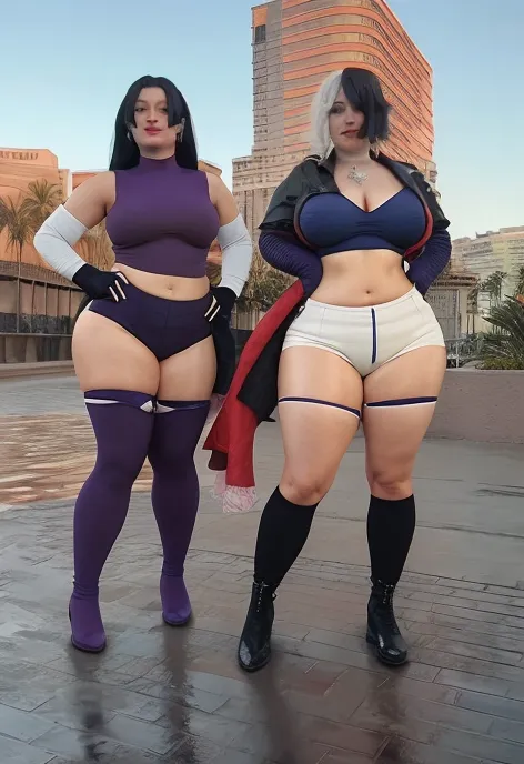 High detailed, 2 girls, big busty, firm plump, rock star clothes, matching hairstyles, matching clothes, matching physique, jewels, posing together