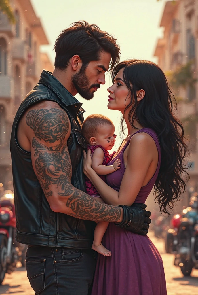 There is a man and a woman who are hugging, couple pose, full body view intertwined, realistic
