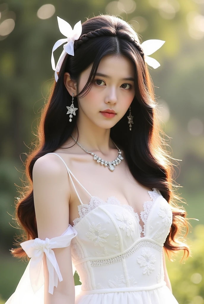 (MASTERPIECE:1. 2), (REALISTIC:1. 4), (POST PROCESSING:1. 3), (SHARP FOCUS:1. 3), 8K, mid body shot (85mm photo) , A Woman, Portrait, outdoor, Empire Waist dress, bokeh, wavy hair , (highly detailed body, highly detailed face, highly detailed eye, best quality:1. 2)