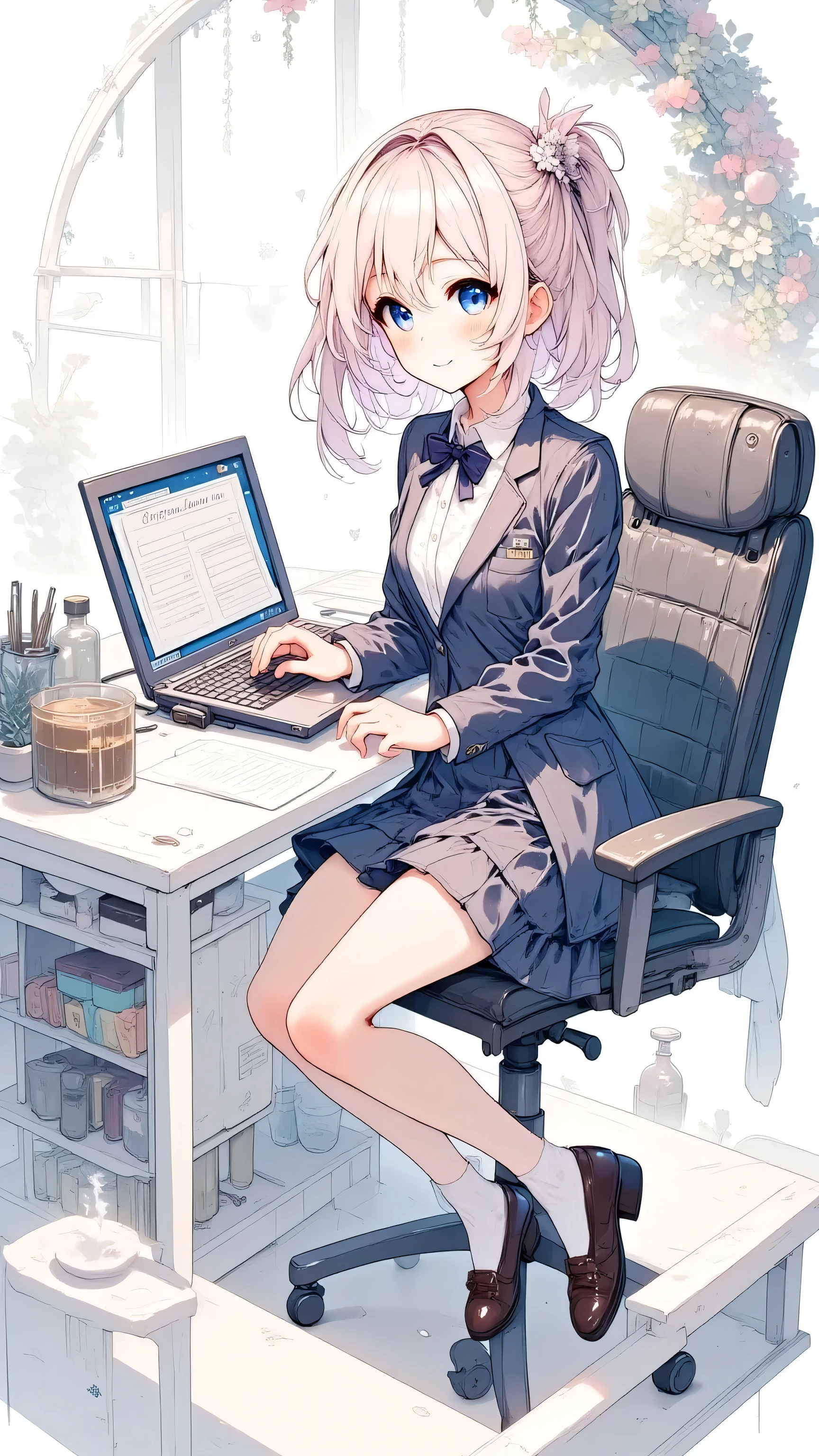 A beautiful office lady sitting at her desk in a modern office, typing on a laptop with focus, papers and coffee mug around, wearing a formal blazer and skirt, hair neatly tied back, serious expression, daylight from window, soft shadows, anime-style, realistic touch