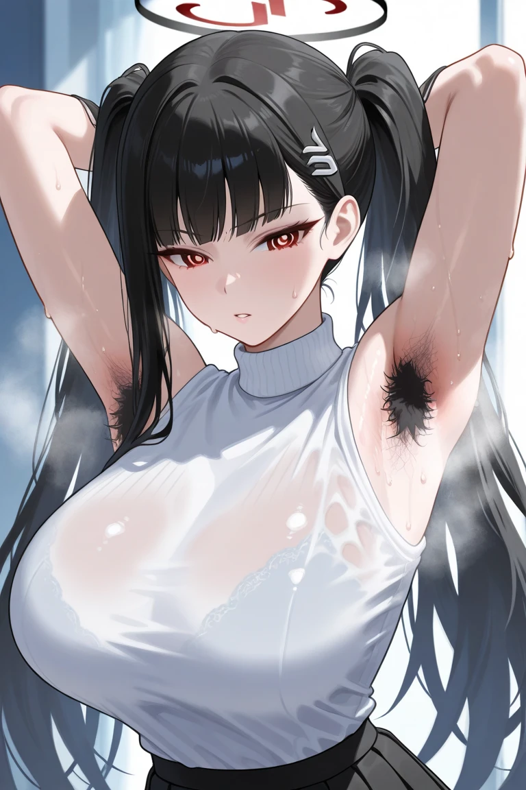 score_9,score_8,score_7,score_8_up,score_7_up、a anime girl with black hair and black lingerie standing on one foot, 1girl, solo, sweat, shorts, breasts, armpits, long hair, colored skin, black sclera, navel, ponytail, colored sclera
