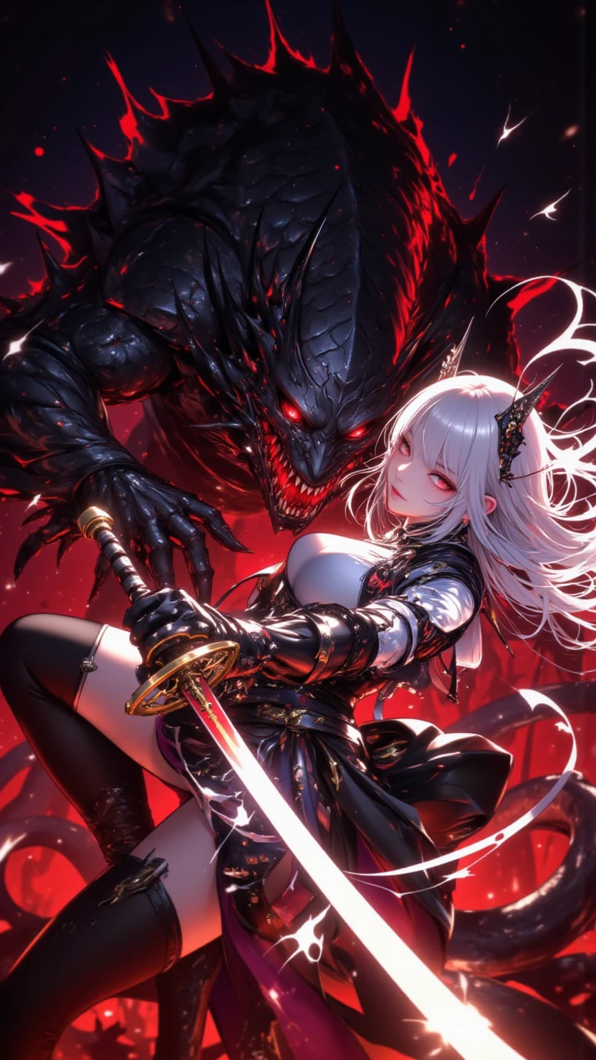 (((masterpiece, best quality, ultra detailed, 8k))) character design sheet of a female character wearing a demonic armor in purple, black, and white. She wields a large, stylized scythe matching the armor. The character has long white hair, piercing red eyes, and a menacing expression. The scene is set in a chaotic environment. Full body front view, with additional close-up views of armor details, weapon, and facial features. (demonic armor:1.3), (stylized scythe:1.3), (extremely detailed:1.5), (long white hair:1.2), (piercing red eyes:1.2), (chaotic environment:1.1). {Detailed background elements and character features are emphasized}.