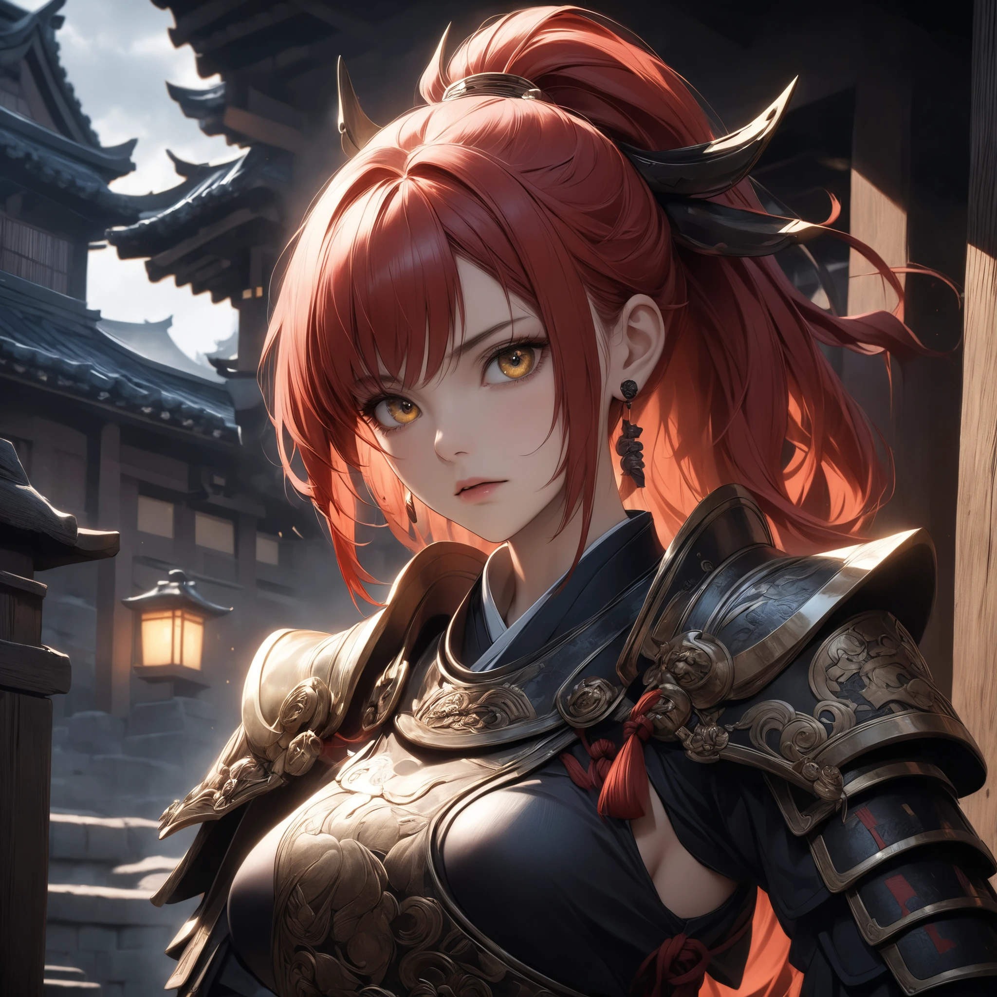 ((extreme quality)), ((Masterpiece)), ((Enrich the picture，Masterpiece level quality)), red hair, high ponytail, medium breasts, golden eyes, fierce woman, ultra eyes details, RAW 4K, Realistically , ((great effect to highlight the subject)) , ( cinematic lighting, moody, textile shading), perfect proportions, ultra detailed, volumetric lighting, soft lighting, glossy skin, beautiful face, Special face details, strong emotions, elegant gesture, Detailed facial features, Long eyelashes, contrast, Incredible atmosphere, Fascinating setting, Haunting beauty , ear rings, samurai,  heavy samurai armor, rooftop town gate, castle view, hips up, samutai helmet,