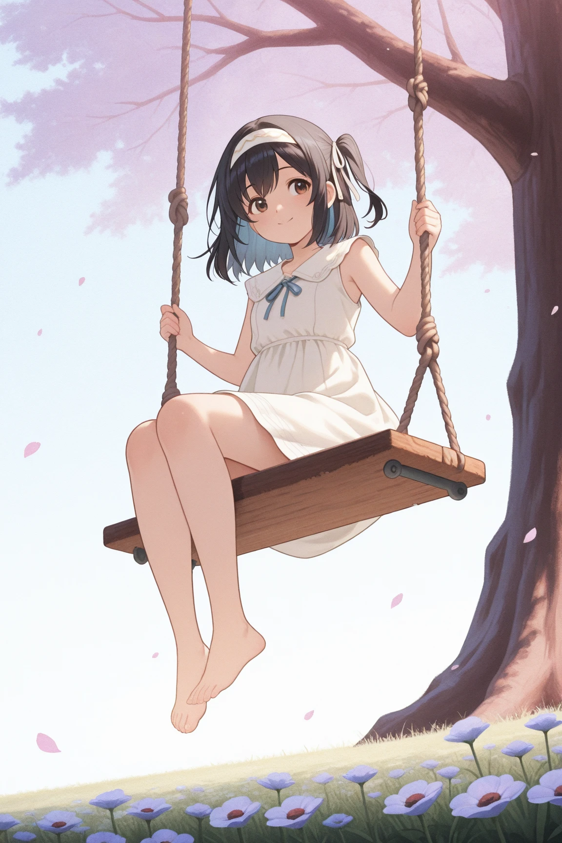 1girl, indonesian, 20th age, beautiful, white skin, thin chin, white gown, sitting on a swing, body facing camera, black hair, short wave hair, anime style, sunflower garden background, anime style