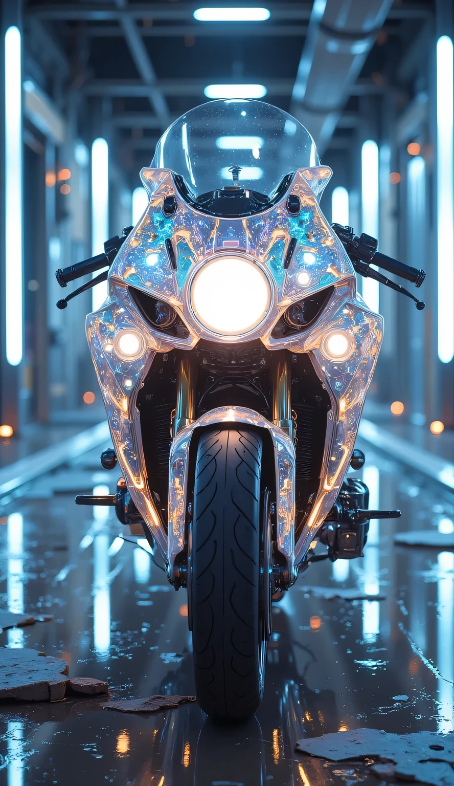 A futuristic sci-fi close-up of a semi-luminous, glass-like motorcycle filling the entire frame, its high-tech design captured in a dynamic cyberpunk setting. The bike’s frame is crafted from a translucent material with a polished, reflective surface, emitting a soft, glowing light in shades of teal and lavender that pulses rhythmically across the image. Light trails emanate from its edges, forming intricate, glowing patterns that span the frame, resembling a digital aurora and adding a sense of speed and energy. Through its semi-transparent design, holographic speed gauges and glowing circuits are faintly visible, shimmering with light and occupying every part of the screen. The background is a subtle, neon-lit tunnel with glowing walls, ensuring the bike’s futuristic design and radiant glow dominate the entire scene.