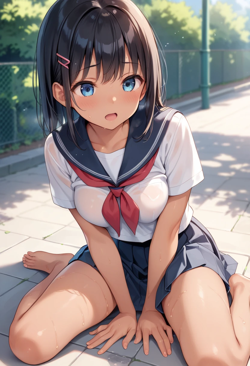 masterpiece, ultra quality, ultra sharp, ultra detailed, 1girl, solo, (((good anatomy))), haduki kurumi, (tattered torn dripping wet white gym shirt), navy gym pants, animal ears, randoseru, name tag, Japanese anime pose, laugh, BurumaShorts, Buruma, Gym Uniform, (((sitting, squatting, spread_legs, legspread, split_legs, spreading legs)), (randoseru backpack:1.4), (smug smile), buruma, blue buruma, black buruma, (cameltoe), (tattered torn short sleeve white gym uniform with colored hem), (tiny nipples), (white long loose socks), strong lighting, legspread, bukkake, cum on clothes, cum on legs, cum on buruma, cum on bloomers, (((spreading legs by hands)))