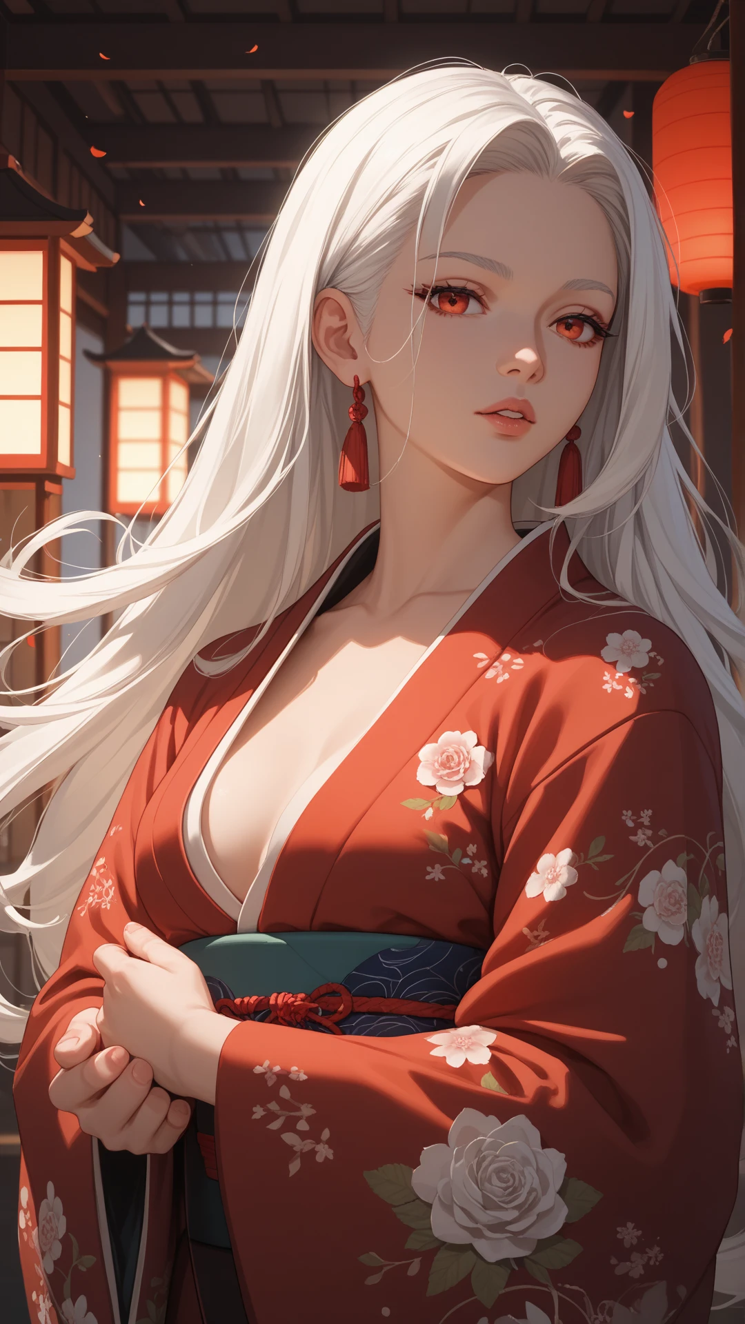 Barefoot woman(30-years old) , (skin tanned:1.7)、 (long white hair:1.5)、(Samurai style kimono:1.0)、(Smoke pipes)、(Red smoke)、(abnormally large breasts)、Bare shoulders, Double eyelids, (Gray eyes)、Parted lips,Solo,(cleavage)、delicate and sexy(鎖骨:1.3), (Shiny skin:0.8),(masutepiece:1.4),(Best Quality:1.4),glossy red lips, Perfect Abs, Wet(full of sweat)、low angles, (from below angle), High detailed skin, Skin pores,(Katsushika Hokusai-style background)