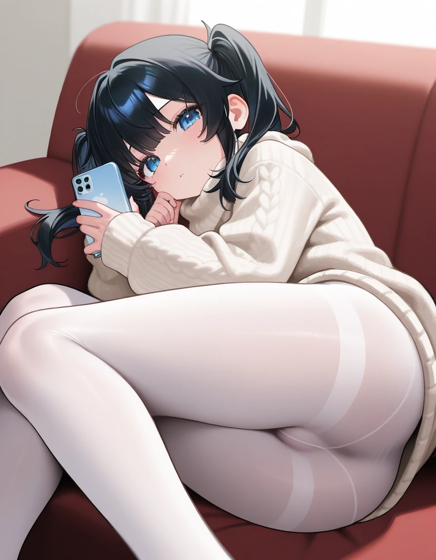 Anime girl sitting on sofa,Mobile phone in hand, animemanga girl, Light blue panties, trap, eechi, Sitting on the sofa, sitting in the couch, on a sofa, Surrealism female students, Thighs!!!!!!, sitting in the couch, Realistic schoolgirl, Thighs!!!, cute female student, Edgeie anime style, sitting in the couch