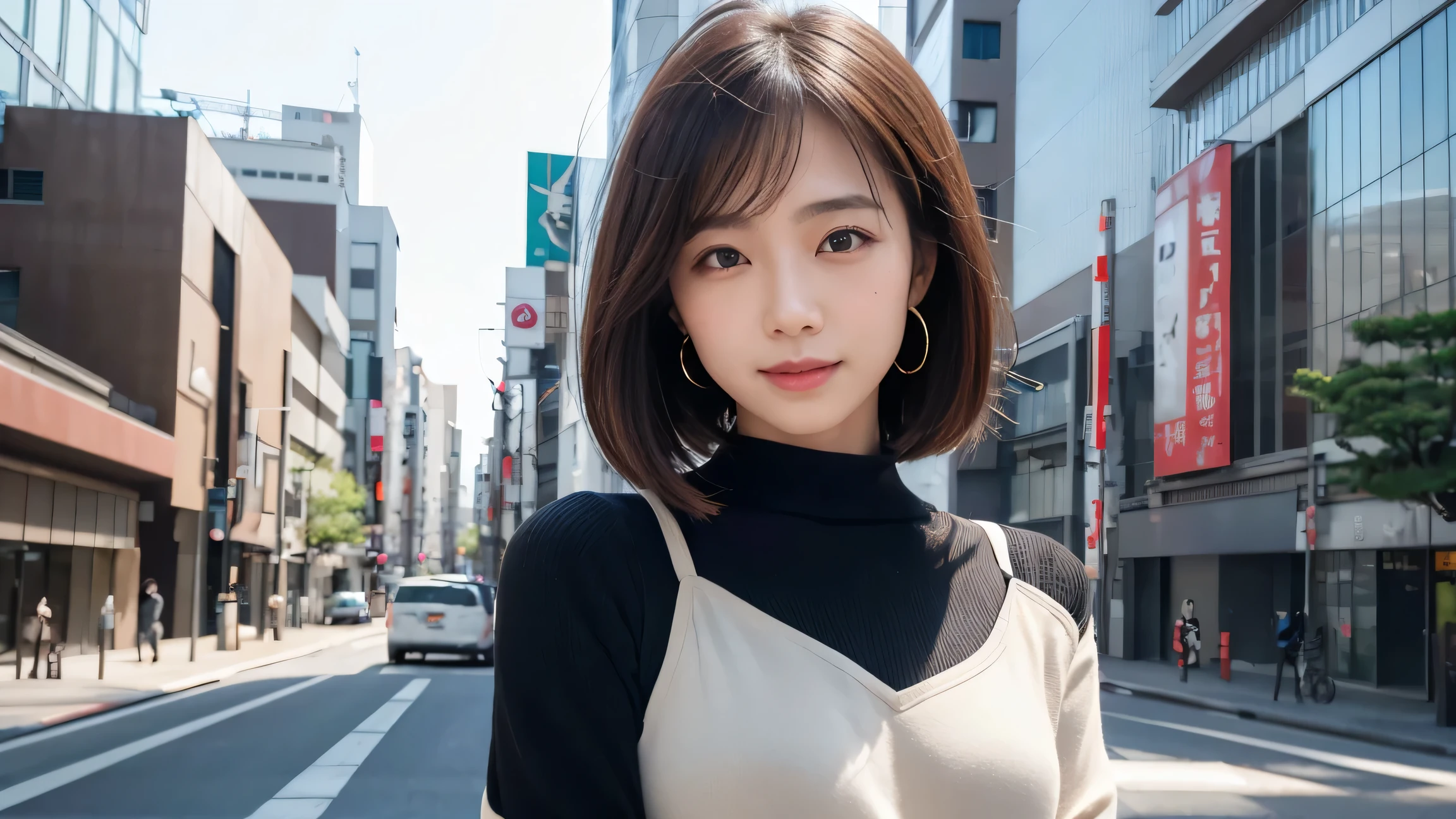 (((brown, Up to the shoulders, Straight Short Bob)))、(((An office building in Tokyo can be seen in her background、poses like a model in a beauty salon。.)))、(((Casual black long sleeve winter clothing)))、The model is one、Japanese people and Korean people and half、18-year-old girl、independent、Expectations、light eye makeup、brown Hair Color、 flat at honny 、 hair blown in the wind 、Quality of actress、 twinkle in both armpits, Ultra Realistic Faces 、smile、Bloodshot eyes、looks up、 Subtle Lighting Effects 、 super realistic capture、very detailed、posing like a model。 The texture of the skin is 、While the Illuminations Are Shining 、For more details、must be clear enough to identify her pores.、The skin is healthy、must always have a uniform tone、Use Natural Light and Color、classic high quality images taken by a model agency'Exclusive photographer、smile