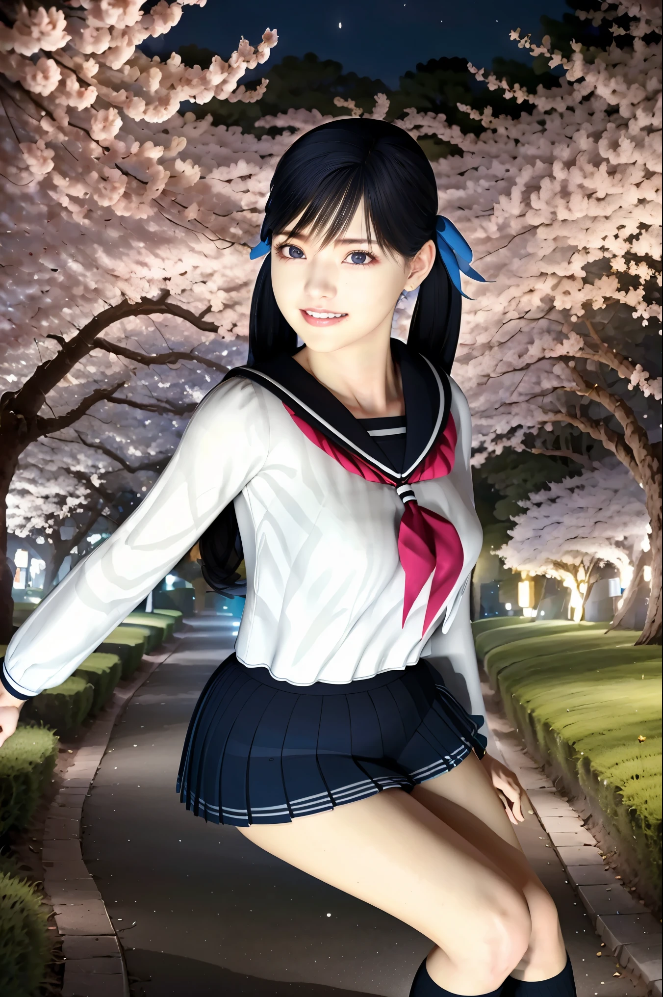 (8k,   Best Quality  ,  masterpiece:1.2), (  realistic, photo-  realistic:1.37),   very detailed,  Best Quality  ,     Super fine,    professional lighting   ,   photon mapping  ,     radiosity,   teeth、、represents a spectacular natural lscape with physics-based rendering,     cinematic lighting to st upright   ,  Late night road,     The depth of the letter frame    ,      sitting on a chair and concentrating sharply ,SUNSHINE,   good configuration,(Bokeh:1.2)   one girl on her back, alone,(full body), (   彼女teeth口を閉じた   ), Beautiful  Cute Eyes , pause,    A slim waist from the video department,     Japanese High School Girls   ,  BLACK HAIR,  holta bra,    long hair ,sailor、black high socks、女子高校生のsailor服、happy smile、彼女teeth幸せ、