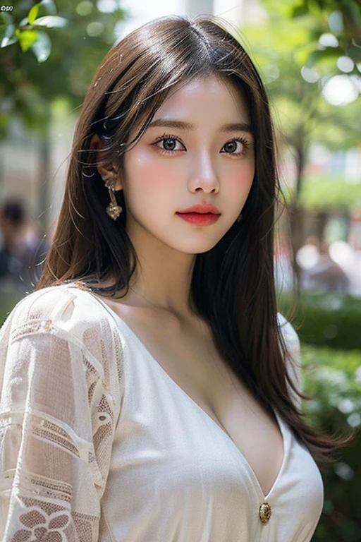 8K, masterpiece, raw photo, best quality, realistic, extremely detailed CG unity 8K wallpaper, depth of field, cinematic light, lens flare, ray tracing, (very beautiful face, beautiful lips, beautiful eyes), Face with intricate details, ((highly detailed skin)), best quality, masterpiece, ultra high resolution, (realistic photo:1.5), Original image, 1 woman, crop top, shorts,smooth, long legs, sexy look, pretty ,smile brightly, long hair, full body shot, model pose, big bust,The cleavage is visible, split, six pack abs, Morning in the city park.