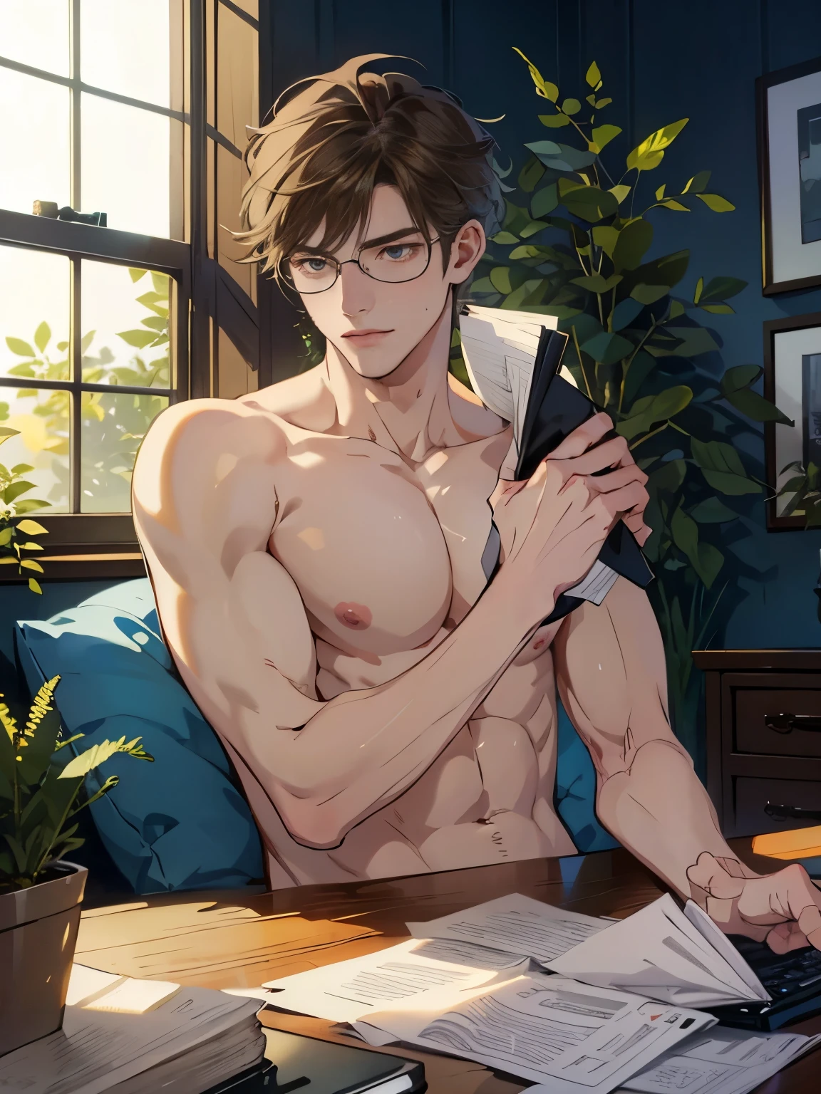 ((Best quality)), ((masterpiece)), (detailed), ((perfect face)), ((halfbody)) handsome young artist, filipino guy engaging in various activities topless within his cozy home nestled in a serene forest. Capture moments of his daily life, such as painting, reading, playing a musical instrument, or enjoying a cup of tea, as he explores his creativity and self-discovery, all while surrounded by the warmth and comfort of his sanctuary