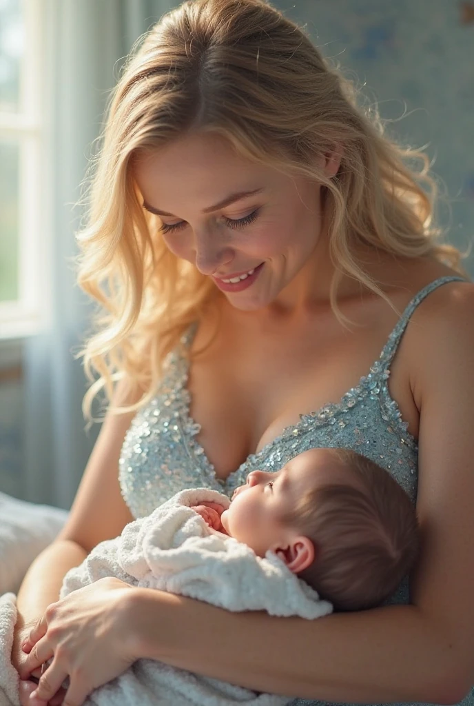 beautiful woman breastfeeding newborn baby, long white hair, serene expression, soft lighting, natural setting, detailed portrait, cinematic composition, glowing skin, tender moment, intimate scene, photorealistic, highly detailed, 4k, hdr, studio lighting, sharp focus, masterpiece