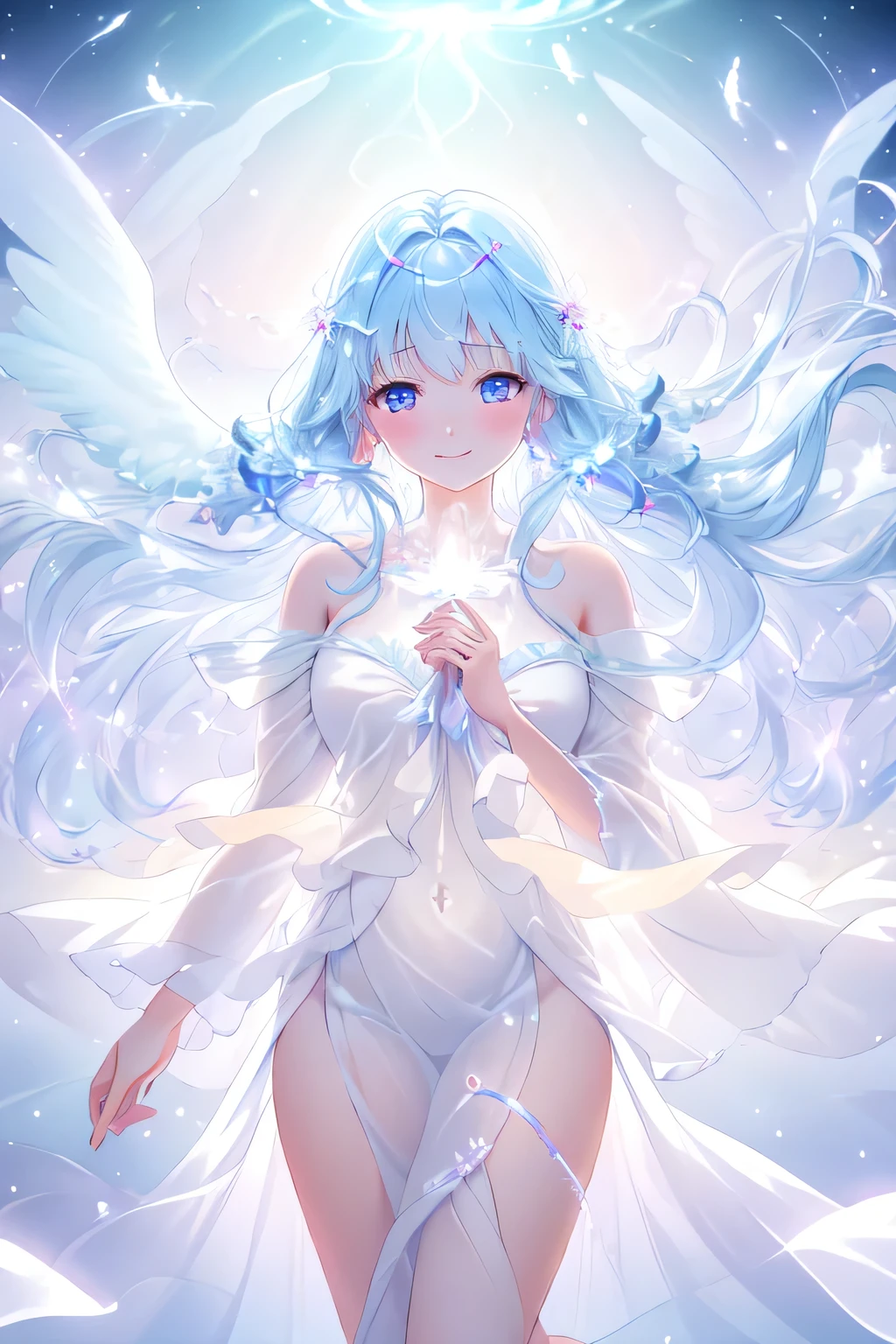 pov, cowboy shoot:1.2, focus face, translucent:1.8, ethereal spirit girl, looking at viewer, gazing at viewer, glowing gaze, gentle smile, angelic, glowing in radiant light, translucent feathered robe, sheer flowing fabric, soft pastel colors, blending into dreamy background, soft lighting, surrounded by floating particles and glimmers, long hair drifting in air, bare feet above the ground, serene expression, heavenly aura, magical atmosphere, ambient backlight, glowing edges, bokeh effect, full body, fantasy art (ultra detailed, ultra realistic, masterpiece, 8k)