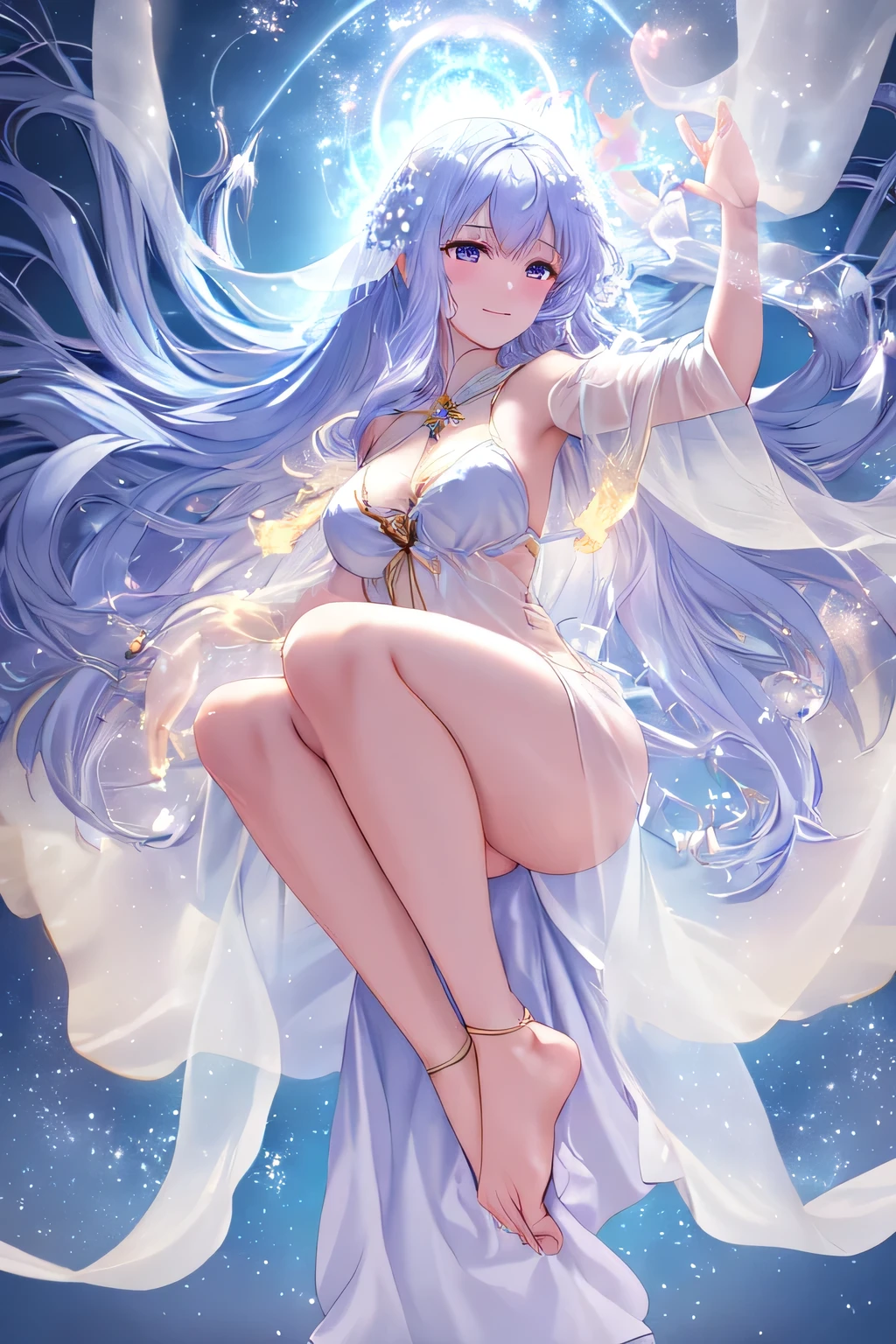 pov, upperbody:1.2, focus face, translucent:1.8, ethereal spirit girl, looking at viewer, gazing at viewer, glowing gaze, gentle smile, angelic, glowing in radiant light, translucent feathered robe, sheer flowing fabric, soft pastel colors, blending into dreamy background, soft lighting, surrounded by floating particles and glimmers, long hair drifting in air, bare feet above the ground, serene expression, heavenly aura, magical atmosphere, ambient backlight, glowing edges, bokeh effect, full body, fantasy art (ultra detailed, ultra realistic, masterpiece, 8k)