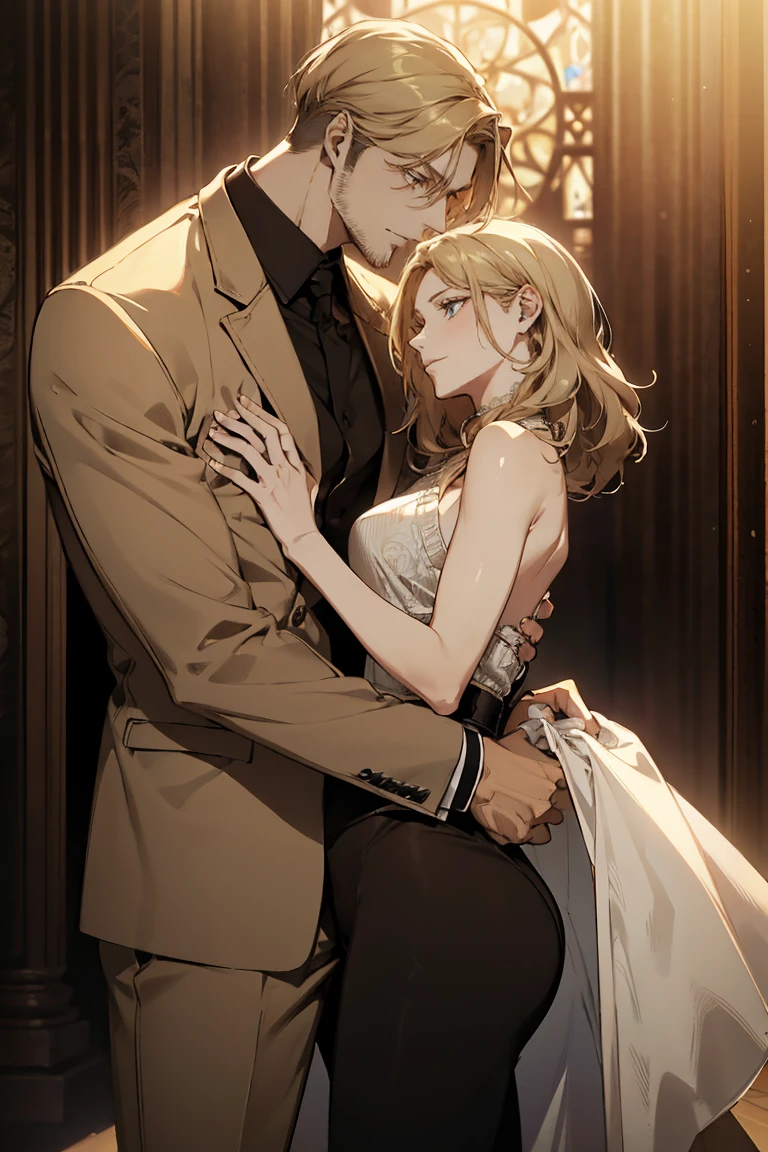 ((greatest masterpiece, ultimate quality, ultra-detailed, movie lighting, perfectly sensual)), super fine illustration, an extremely delicate and beautiful, 8K, 1boy, Shirou Emiya\(Fate Stay Night\), red hair, short hair, yellow eyes, tall, muscular, handsome, 1girl, Artoria Pendragon\(Fate/stay night\), blonde hair, long hair, blue eyes, large breasts, hourglass figure, anatomically perfect female body, lovers, happy smiles, clinging to each other, arm in arm, lovey-dovey, sweet atmosphere, night city, anatomically perfect, detailed beautiful faces, sensual lighting, bold composition, provocative angle,
