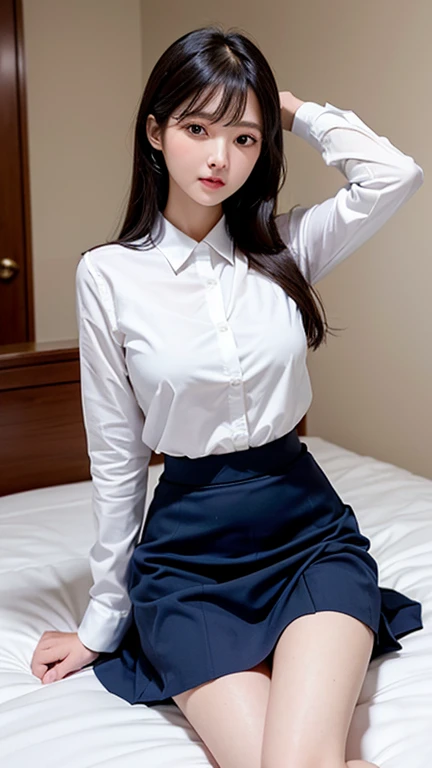 ((nsfw)), (masterpiece), (realistic), (Highly detailed 8k), strong photo studio lighting, in the night, sitting on the bed, total body, a 20 years old gravure girl, twin braids hair, light brown hair, brown eyes, slender, slender arms, big breasts, BREAK (white and gray theme:1.3), (wearing a white collared-shirt:1.4), BREAK (tight dark navy pencil skirt:1.5), (black pantyhose:1.3), opened legs, no bra, no pan, pubic hair, pointy breasts, erected nipples, sow off nipples under white shirt, ((masturbation)),