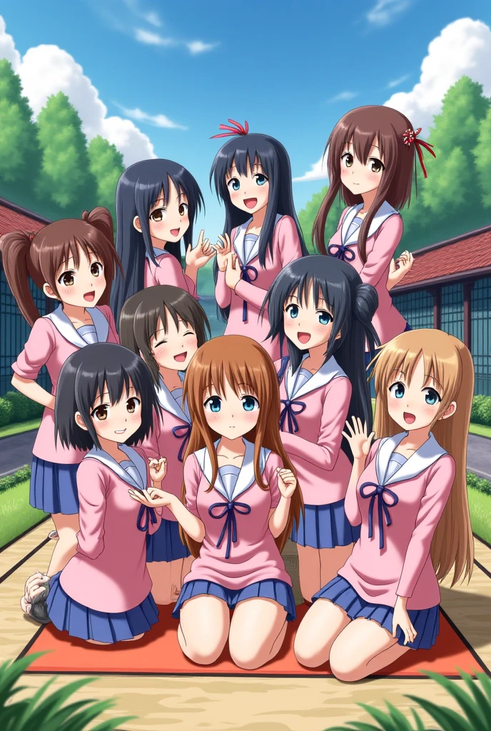 A group of four different happy carefree schoolgirls in white shirts and brown skirts, with hair of different lengths, (flat-chested brunette, Blonde athlete with short hair, long-haired redhead, busty brunette with pigtails), Different breast sizes, hugging each other's shoulders and smiling, in a row, against the backdrop of the academy building