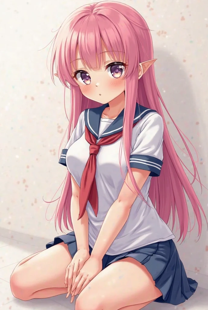 A pink-haired anime girl with a peeing expression like hugging her ...