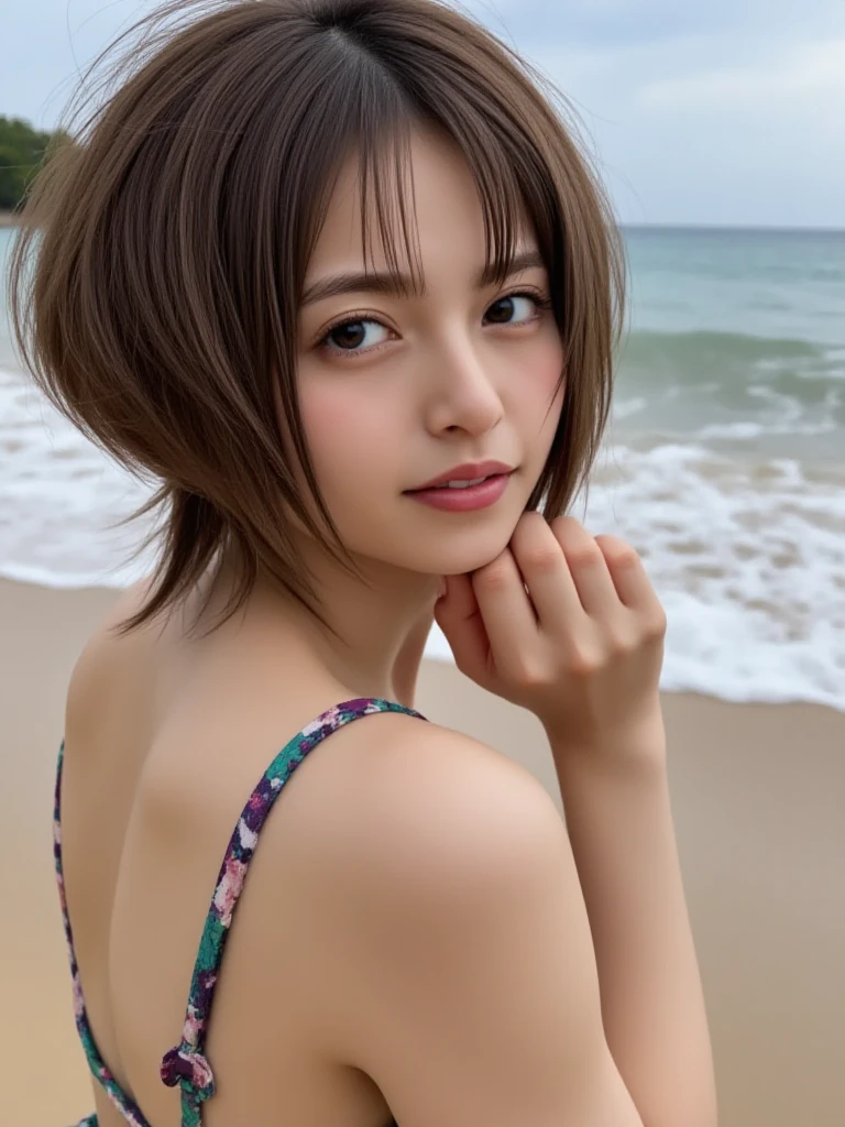 highest quality, masterpiece, 1 girl, smile, sunny, from below, swimsuit, Light Brown Short Bob Hair, beach, cleavage
