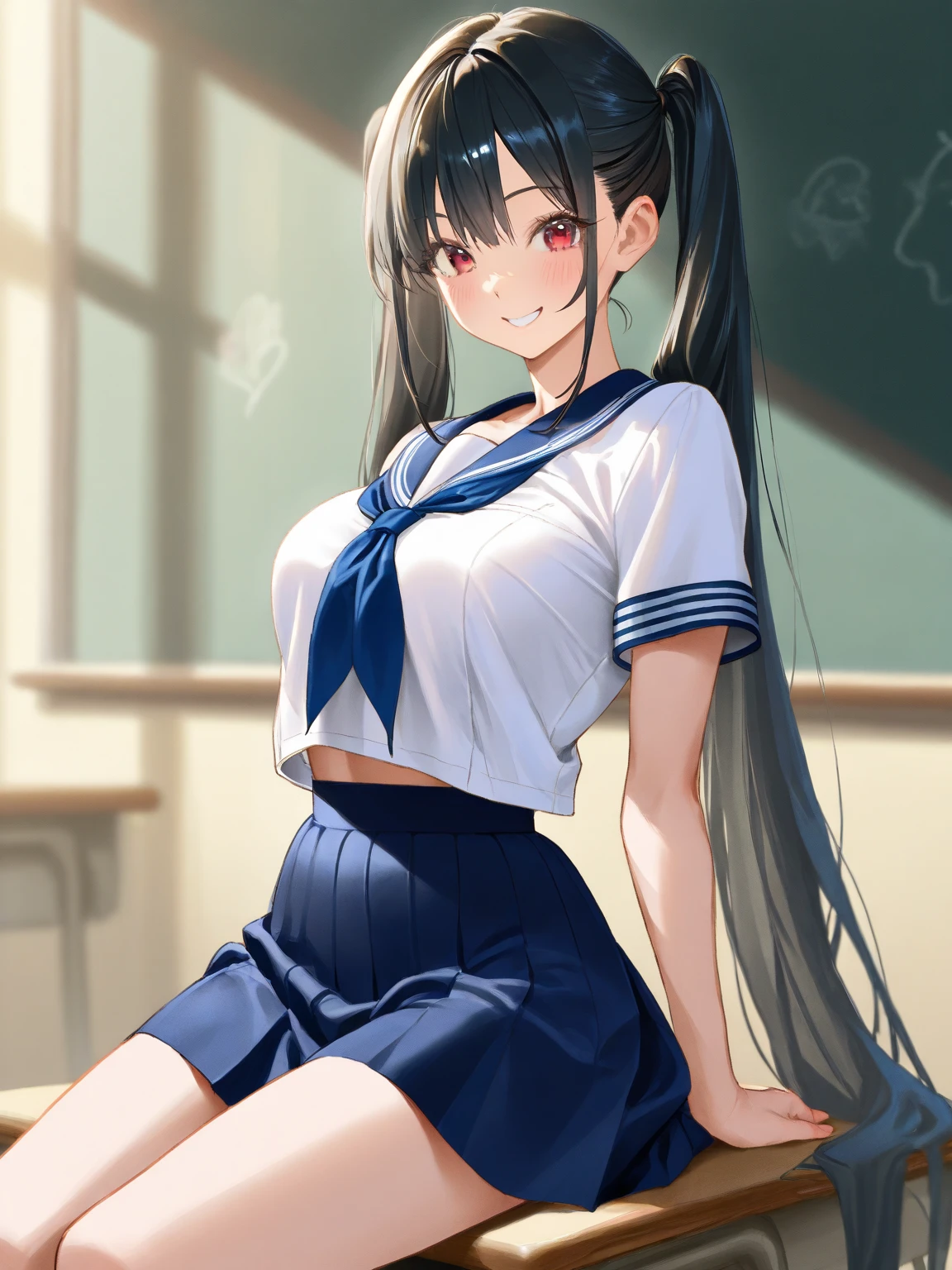 (((masterpiece, highest quality:1.3,absurdres))),cowboy shot,18 year old beauty, High school girl swordsman、solo,((very small head:1.3)),ponytail hair style,long hair,blunt bangs,black hair,glay eyes,blush,medium breasts,((very long body,slender body)),skinny,gleaming skin,oily skin,,(School uniform、Red neckerchief、Navy blue sailor suit、Short sleeve、Navy blue pleated mini skirt),Equipped with a Japanese sword in its sheath、classroom、Japanese School、