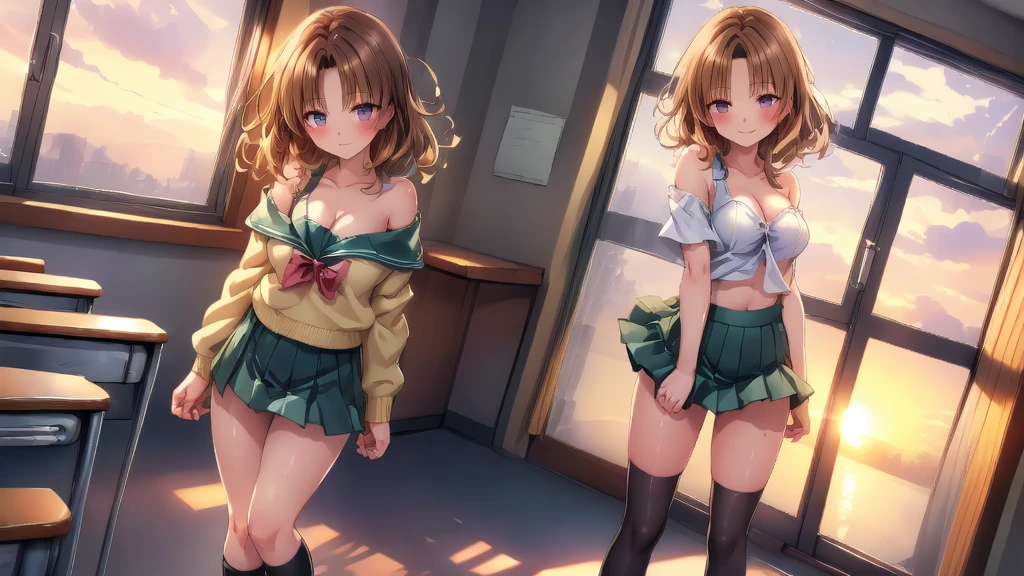 (masterpiece, Highest quality), (((Perfect Anatomy, Anatomically correct))), ((1 Girl)), short hair, Blunt bangs, Light brown hair, happiness, Green Eyes, hair ornaments, School_uniform, short_Dispel, just_feet, blue sky, window, Front view, Insights,The body is slim, Compresses on the chest, ((Beige cardigan,Green pleated skirt、Blue Neck Ribbon、White knee-high socks)),Pastel colored pantiesが見えている、((Pastel colored panties))、((Shiny panties))、((Normal location:1.4))、(((Straddle))),((feetを開いて座らされた…))、((orgasm:1.6)),((((M-shaped legs:1.1))),((Lift up your shirt:1.5)),((Showing off your bra)),(((Lace bra))),Award-winning bra designs、Random Color Bra、((((M-shaped legs:1.1)))、((orgasm:1.3)),((((M-shaped legs:1.1))),(((Sex with a man))),(Vagina Penis),Erotic atmosphere,Stupid,shortness of breath:1.6,((Pussy juice:1.3))