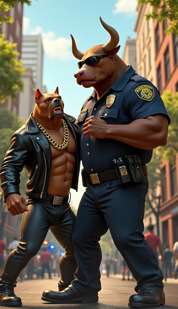a digital art of a muscular dog graffitiing a W, behind him a dog like a police officer with a club in his hand ready to approach him
