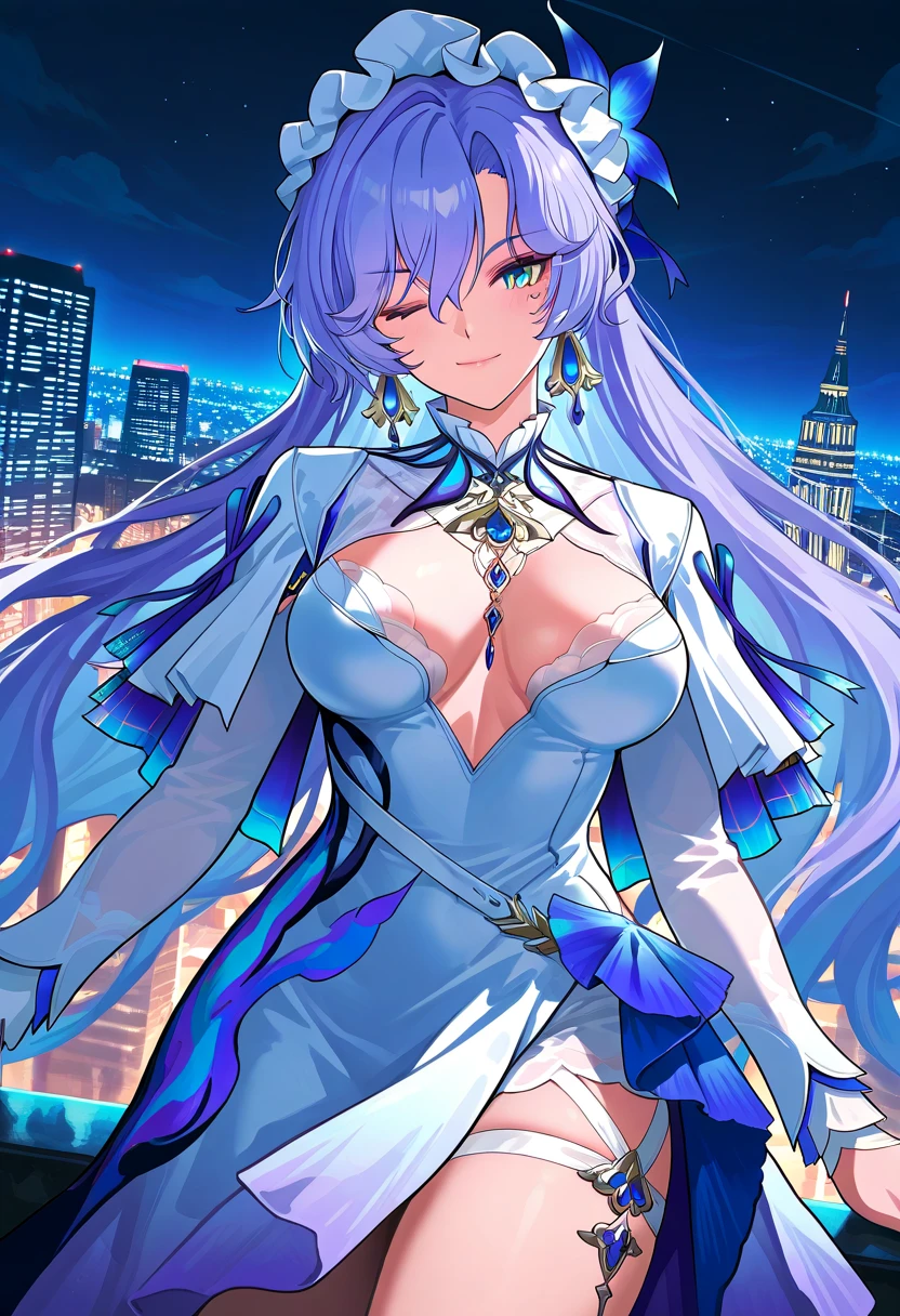 WZRY XishiYLQY, 1 Girl, long hair, Solitary, skirt, Separate sleeves, white hair, trumpet,Become a,(((Large Breasts)))Breast sagging、Low-cut(((Cleavage )))、(((Wide hips,)))(((Hourglass figure)))((Long legs)),, city View, night, looking at the audience, Cowboy shooting, Purple Eyes, Hands on Hips,