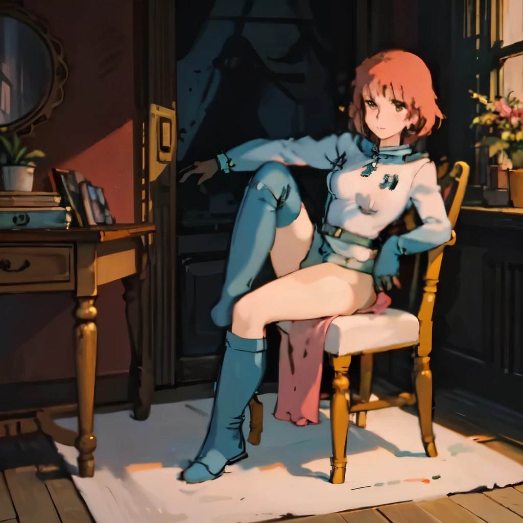 masterpiece, high quality, 1 girl,, (masterpiece:1.4), (which is the best:1.4), (High resolution:1.4), 1 girl, redhead, brown eyes, cumming face、Nausicaa, sit on a chair, No panties, high boots, colorful, whole body, ghibli style, software, spread your legs and masturbate,expand your vagina、expression of ecstasy、show your chest、show your chest、expose the inside of the vagina,Exposing the crotch、show the inside of the vagina,ejaculate into the vagina,massage the chest,Completely naked,expose one's naked body