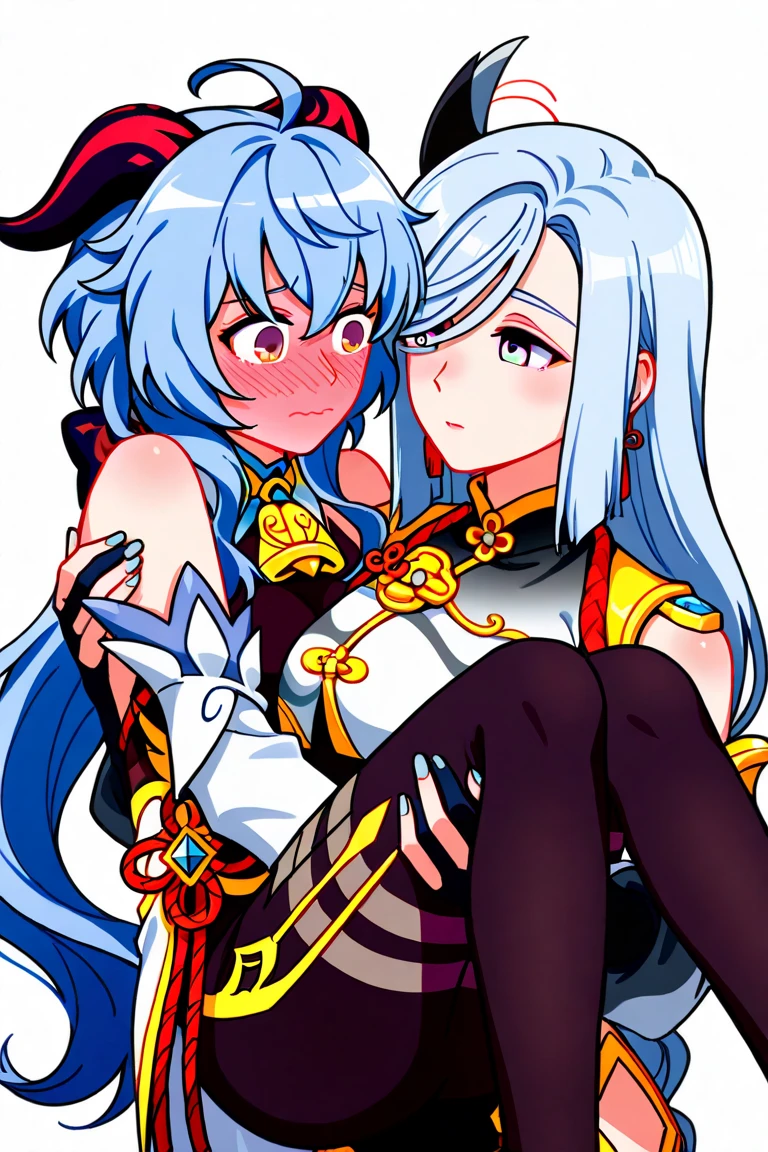 score_9, score_8_up, score_7_up, source_anime, BREAK, ((alp)), 2girls, ganyu genshin impact shenhe genshin impact, embracing eachother, looking at viewer, blush, embarassed, breast press, yuri, conjoined breasts, conjoined twins