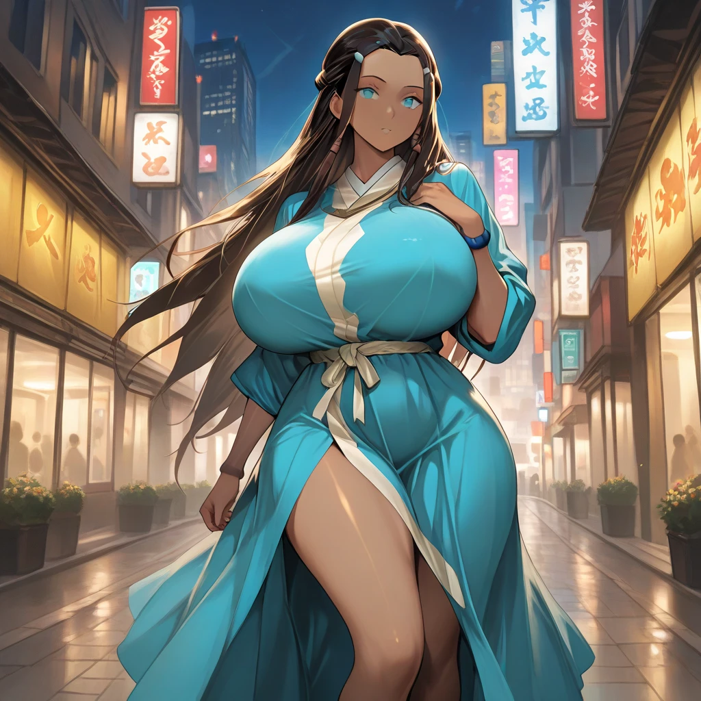 Milf, 1girl, large breasts, ( Gigantic breasts 1.15 ) huge breasts, mature female, Heavy breasts, very long hair, blue hair, light skinned female, printed dress, cropped top, thick dress, pantyhose under dress, white scarf, orange eyes , large, curvy waist, breasts resting on arms, arms under breasts, looking at viewer, flushed face, edges of bra on dress, cleavage, on the street at night, full breasts, breasts larger than head, face mature, curvy female