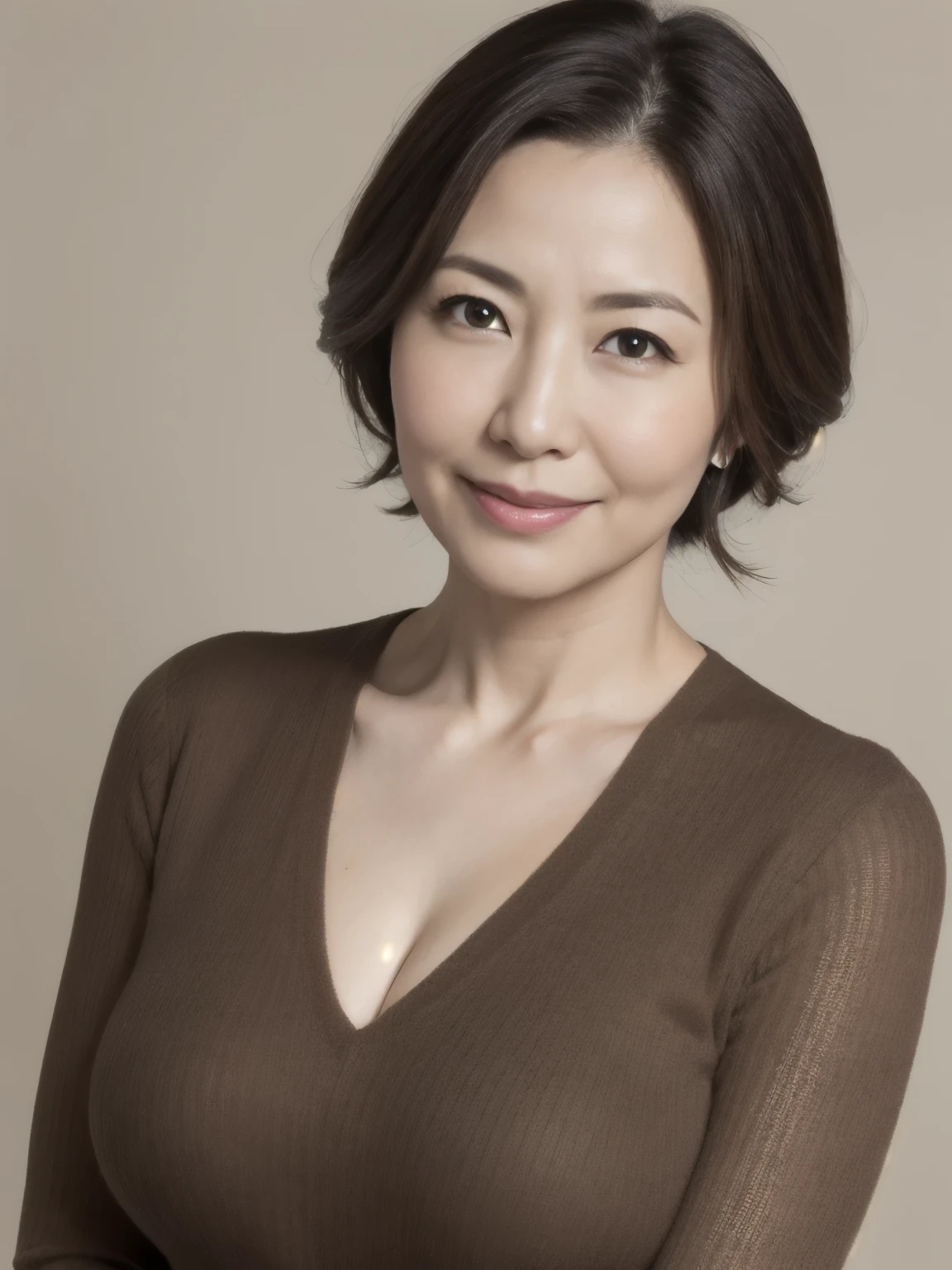 High resolution, High level image quality, high detail, masterpiece, rough skin, anatomically correct, sharp, gray background((japanese mature, 60 years old)), alone, ((facial wrinkles)), good shape big breasts, Straight light brown hair that reaches to the shoulders, Chubby body type (((stand upright, facing the center of the screen.))), Close your mouth and look straight ahead with a serious face, sweater, skirt, ((cowboy shot)),