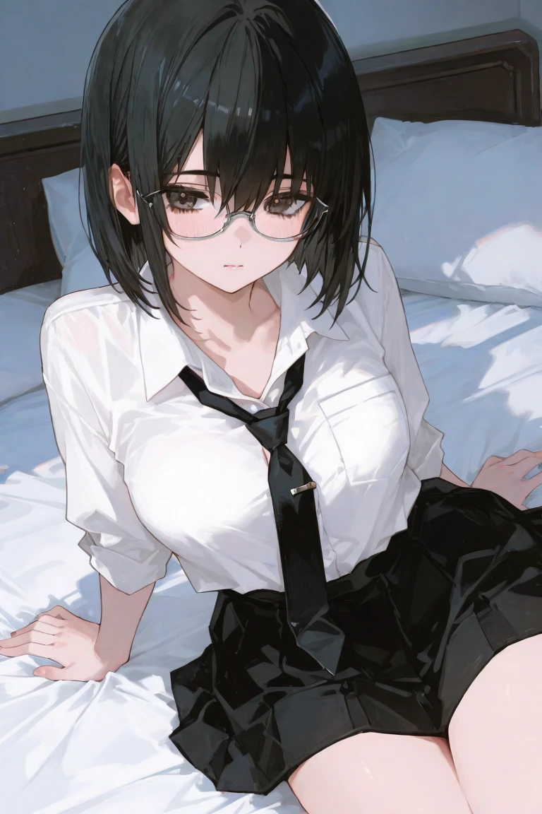 Girl with glasses, black hair, school uniform, short skirt, shy pose, showing thighs, lying on the bed, big breasts, big butt, bare feet, sweating, wearing a collar, showing panties, sticking out tongue