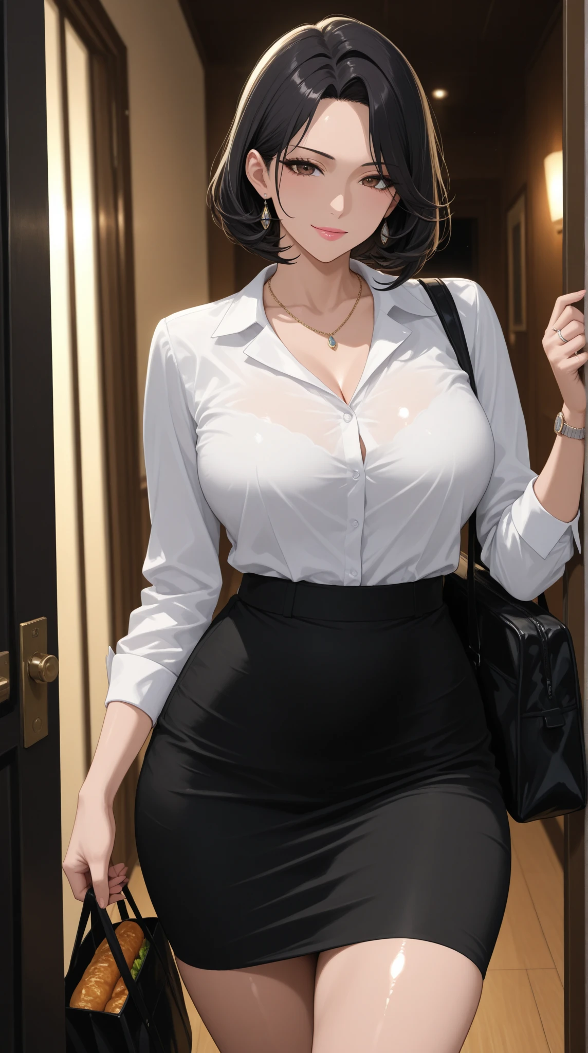 ((Night, Realistic Light, Best Quality, 8K, Masterpiece: 1.3)), 1girl, Slim Beauty: 1.4, (Brown hair, updo hairstyle, large breasts: 1.3), naked, open white long sleeve shirt((white shirt only)),rised open black pencil skirt (( black skirt only)), hairy pussy, excessive pubic hair, Super fine face, Delicate eyes, Double eyelids, shy, blush, embarrased, fullbody, glasses, inside school infirmary room, grab both her own breast, sit at bed infirmary school ((white bed)), sit and spread leg, open leg, show detail pussy, open pussy,