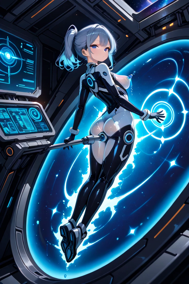 masterpiece:1.4, 1girl in ((20yr old, Wearing a futuristic white and silver costume, Tight Fit Bodysuit, long boots, Very gigantic-breasts, Multicolored blonde hair, a short bob, Perfect model body, Blue eyes:1.2, Wearing headphones, Looking out the window of the futuristic sci-fi space station、While admiring the beautiful galaxy:1.2, SFSF control room on night background:1.1, Neon and energetic atmosphere:1.2)) ((Galaxy))