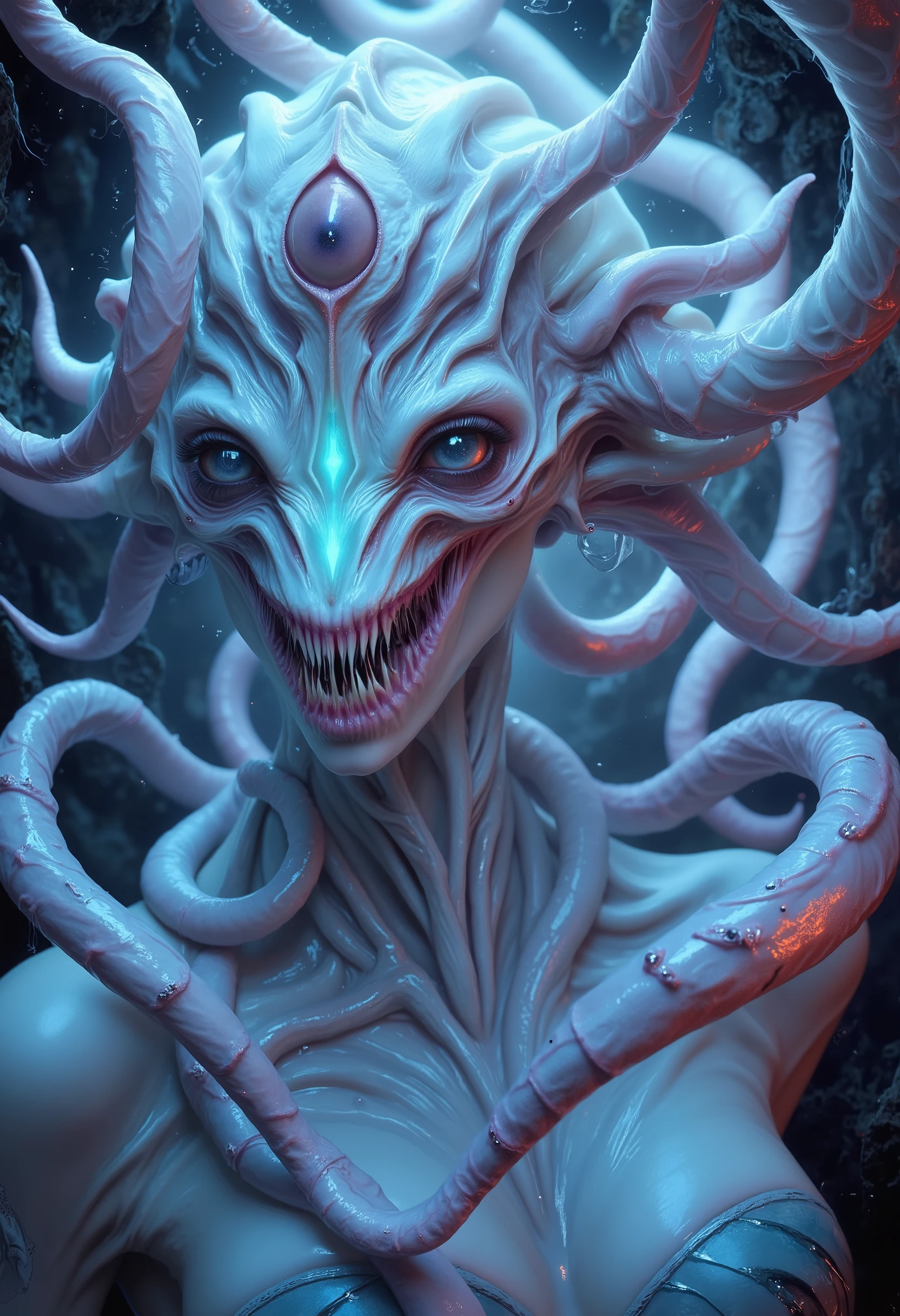 (stuninng photo by professional photographer, Best Quality, 4K, 8k, High Resolution, Masterpiece: 1.2), (Super Detailed, realistic, photorealistic:1.37),(4 iridescent eyes:1.5), four eyes, scary and sexy detailed art in color, Portrait, (beautiful and obscene female alien:1.4), (vulgarity1.7), (Translucent white skin:1.4), (There is a female genital-like organ in the middle of the forehead:2.3), (The most beautiful face in the history of the universe:1.2), an evil gaze that seduces, (sharp vampire teeth :1.0), Full body portrait, (bio luminescent:1.2),(Lots of translucent tentacles:1.8) , Neon Colored, in the deep sea, dramatic pose, four eyes, no maleup