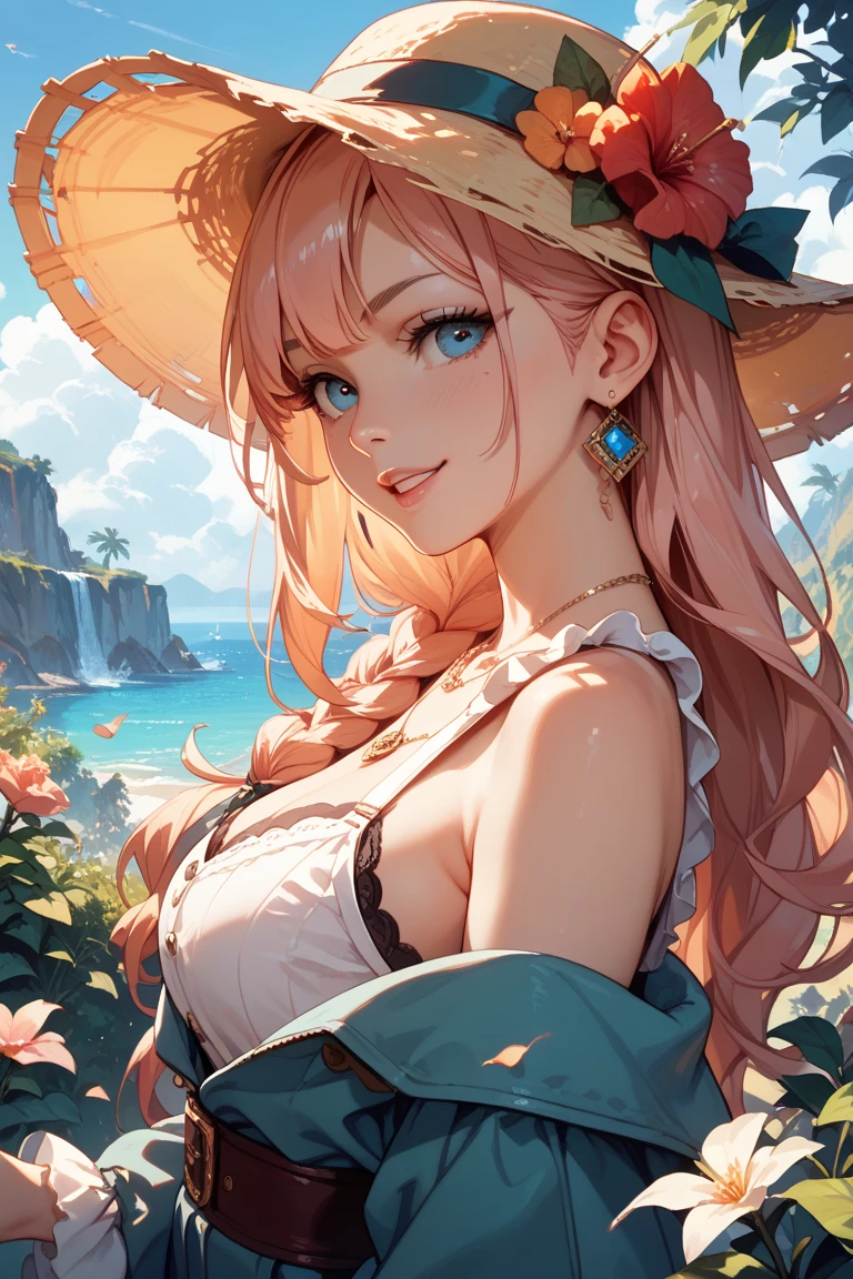 masterpiece, best quality, <lora:yanfei:1>,1girl, yanfei (genshin impact), solo, hat, long hair, pink hair, tongue, tongue out, green eyes, looking at viewer, hair between eyes, bare shoulders, straw hat, looking back, upper body, from behind, sky, blue sky, bangs, swimsuit, flower, cloud, :p, one-piece swimsuit, hand up, bare arms, smile, outdoors, day, back, bare back, bracelet, hat flower, jewelry, red headwear, vision (genshin impact), blush, horns, backless outfit, small breasts, casual one-piece swimsuit, antlers, shoulder blades, sun hat, hand on headwear, breasts, black one-piece swimsuit, ;p, signature