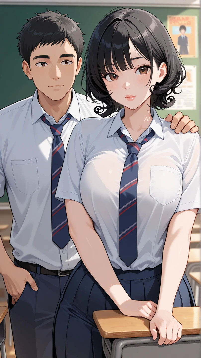 score_9, score_8_up, score_7_up, score_6_up, score_5_up, BREAK source_anime, anime screencap, 1girl, black hair, purple eyes, long hair, bangs, voluptuous body, big breasts, standing, student, school, shirts, skirt, looking at viewer, 1boy, faceless male, size difference, side by side