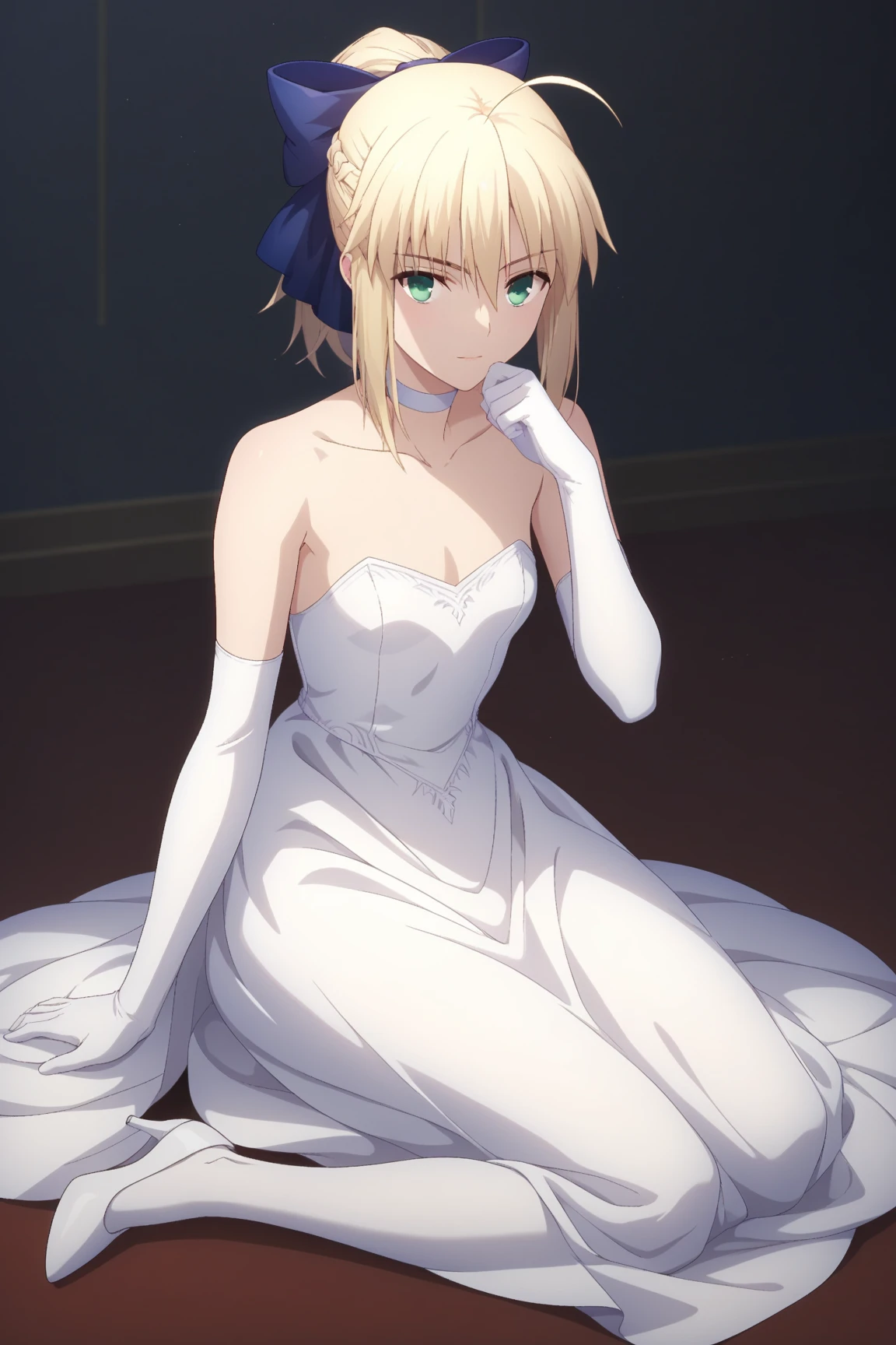 Highest quality, masterpiece, High resolution, alone, one girl in a white wedding dress,, only_shoulder,, white_skirt,Yellow Hair ,, Strapless, Large breasts, Things to know, Blue ribbon