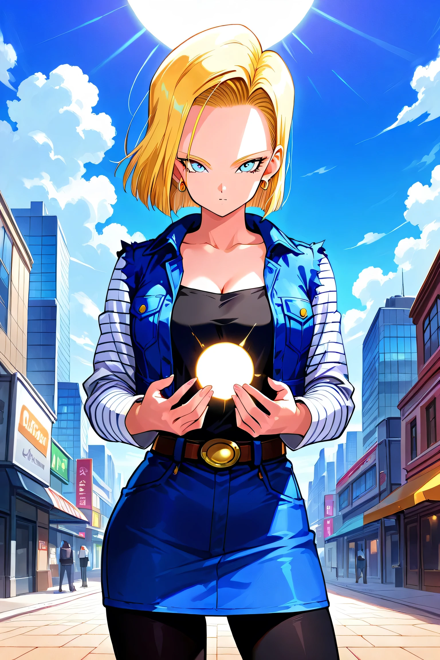 android18, android 18, blonde hair, blue eyes, eyelashes, hoop earrings, short hair, earrings,
BREAK belt, black legwear, black shirt, breast pocket, cleavage, collarbone, denim, denim skirt, high-waist skirt, jewelry, long sleeves, pocket, shirt, shirt tucked in, skirt, striped, striped sleeves, waistcoat,,
BREAK outdoors, city, sky, cloud, sun,
BREAK looking at viewer, (cowboy shot:1.5),
BREAK (masterpiece:1.2), best quality, high resolution, unity 8k wallpaper, (illustration:0.8), (beautiful detailed eyes:1.6), extremely detailed face, perfect lighting, extremely detailed CG, (perfect hands, perfect anatomy),