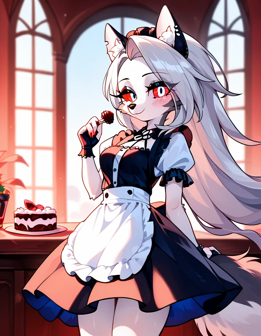 Mobian, female, hedgehog, grayish black fur, long hair, feminine eyelashes, medium breasts, hair bangs, perfect feminine figure, intricate details, (detailed background:1.3), anime style, night, inside house, sharp focus, blushing, embarrassed, standing, furry female, (solo), sundown, green eyes, hair over one eye, ((Rose dress)), lace thigh high stockings, a white gloves, ((best quality))