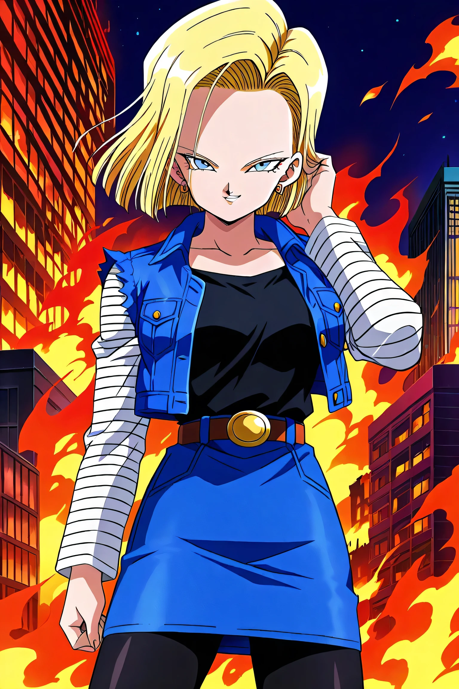 anime screencap, absurdres, high quality, official style,
android 18, short hair, blue eyes, blonde hair, evil smile, evil grin,
android saga, classic outfit, black shirt, long sleeves, pantyhose, earrings,belt, black legwear, denim ,denim skirt, striped sleeves, white sleeves
cowboy shot, night sky, burning city, burning building, red hue, flames, neon,
standing, hand in hair, smug, seductive smile,