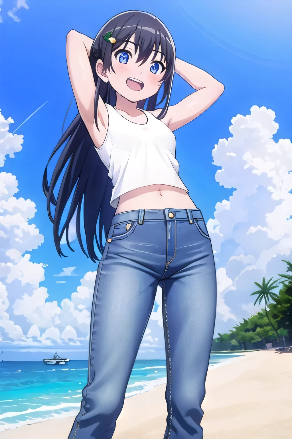 masterpiece, best quality, ultra detail, ((Perfect Face, perfect eyes, perfect hair, perfect arm)), 1girl, o, petite, ((round face, ecstasy, orgasm face, drooping eyes, shame smiling, blush)), dropping eyes, sleepy, Open mouth, ((White teeth)), background((under the beach, (day:1.2), ocean, bright sky)), saten ruiko, (blue eyes:1.2), (black hair:1.2), crossed bangs, hair between eyes, hair ornament, flower ornament, (long hair:1.4), (straight hair:1.7), ((arms behind head, hands behind head, fingers behind head)), ((contrapposto)), spread armpits, looking at viewer, (white tank top:1.4), (white crop top:1.4), (jeans pants:1.2, flares jeans:1.2, skinny jeans:1.2, blue jeans:1.2), standing, (legs spread:1.4), sex pose, Sweaty crotch, Steam from the crotch, from below, whole body