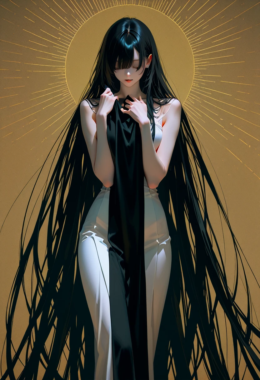 silhouette of a naked elf with long hair walking in a forest at night with a halo on her head,covering your private parts
