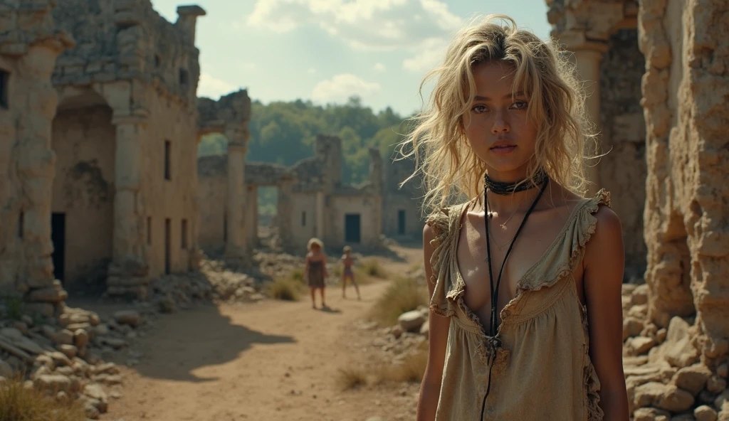 An award-winning photograph capturing a woman from the waist up, taken with a wide-angle lens to show the surrounding environment. Her porcelain skin is cracked and bloodied, and her once-tidy shack now appears messy and disordered. Her blonde hair is matted with dirt, and her robust body is covered in tattered remnants of a torn shirt. The strong impressionist painting style amplifies the hyper-realism, creating a powerful and emotional impact. The scene is illuminated with cinematic lighting, ensuring visual clarity that highlights every intricate and elaborate detail.