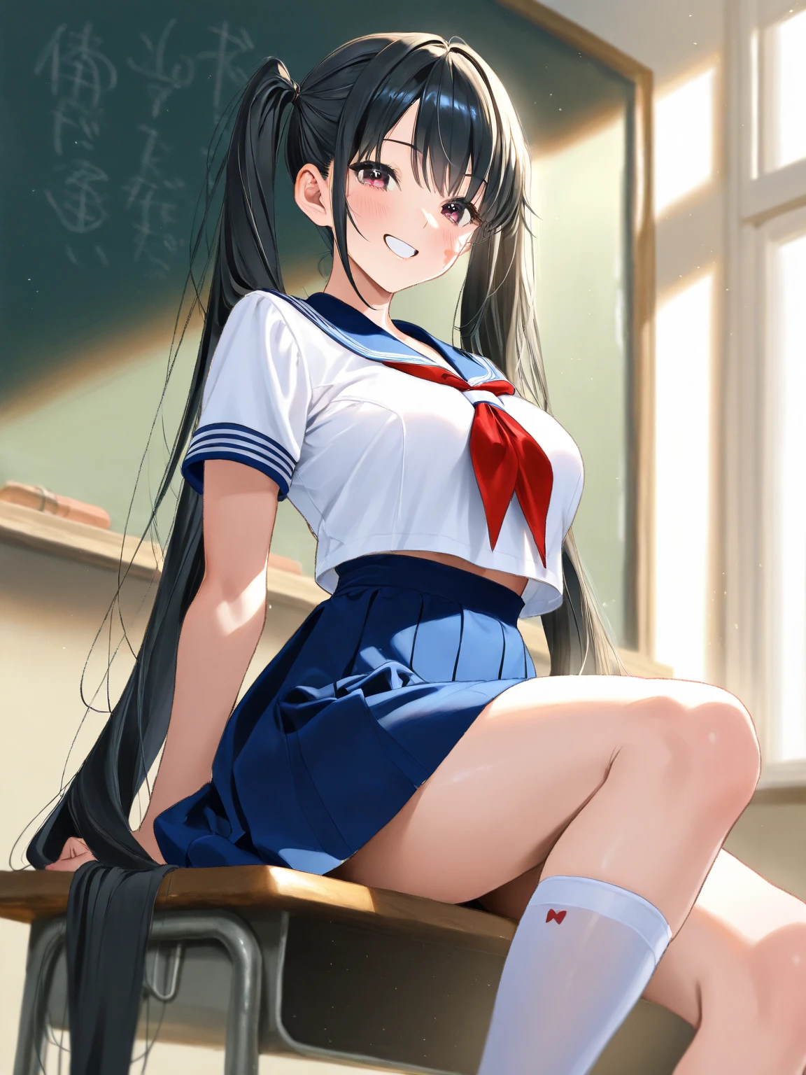 Young girl with black hair, long twintail, twintail hairstyle, (blue eyes),, ((small bushy eyebrows)), wearing gothic ta clothing, loli, walking to school, flirty smile, , lifting her skirt to show her vagina wet with semen, having sex