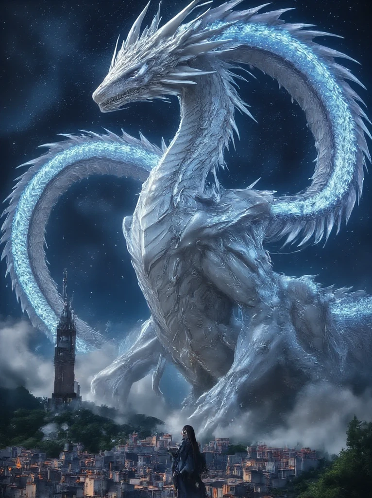 A giant dragon flying in the sky(details)has a pure white body with twisted blue horns and large wings。There are medieval European castles and towns below。tree々There are many 、transparent bottom、 A girl waving at a beautiful star 々、 Milky Way、Dragons Attack the Kingdom、Flying with flapping wings