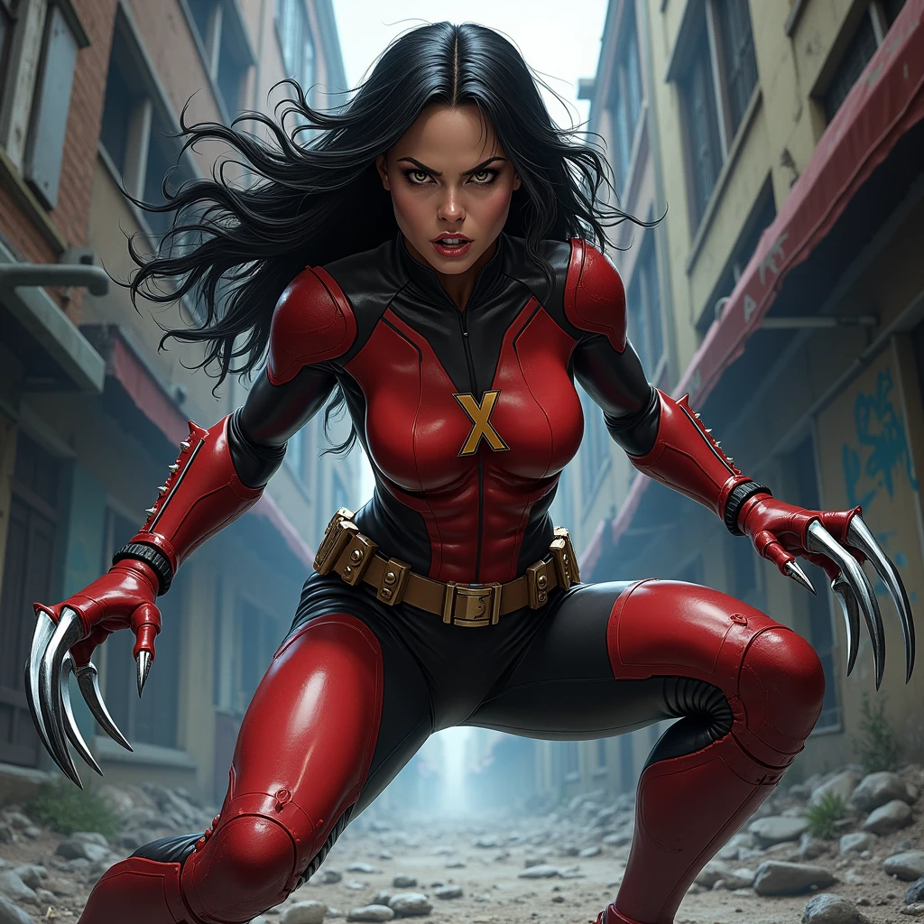 (Extreme Detail CG Unity 8K wallpaper, masterpiece, highest quality), (Exquisite lighting and shadow, highly dramatic picture, Cinematic lens effect), an alluring woman wearing a traditional Wolverine costume, black hair color, from the X-men universe, Marvel, Wolverine, fighting off evil tentacles, dynamic pose), (excellent detail, excellent lighting, wide angle), (excellent rendering, enough to stand out in its class), focus on glossy Wolverine costume, complex blood splatters patterns, bloody claws, open-mouth, rage, berserk