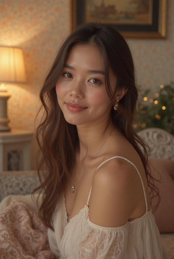 high quality,8K, Detailed facial depiction, Detailed description of the eyes,Angle from directly above,One Woman, Light brown hair(Medium-long hair),Beautiful Japanese Girl,24-years-old,Cute eyes,Cute Smile,Orange floral lace underwear,String panties,Sexy body, Large, plump breast size, Long and beautiful legs,Smiling, Colorful earrings,necklace,Are standing,Beautiful nape,Japanese style room,Feminine and sexy gestures,wind chimes,A Japanese-style room with tatami mats and futons,Lying on your back on a futon,Sleeping facing up