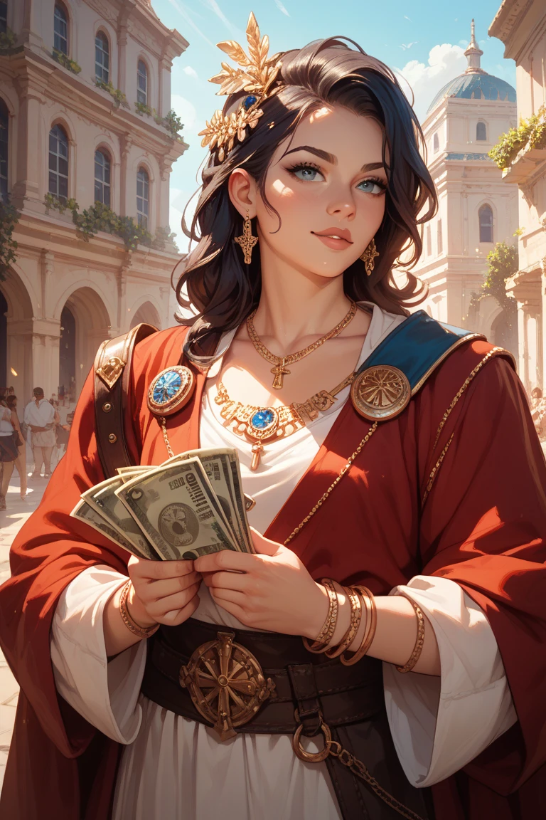 make an image of a painting about a humble hero , but with various riches, gold-coins, banknotes of 5 reais and beautiful girls around him.1920x1080px